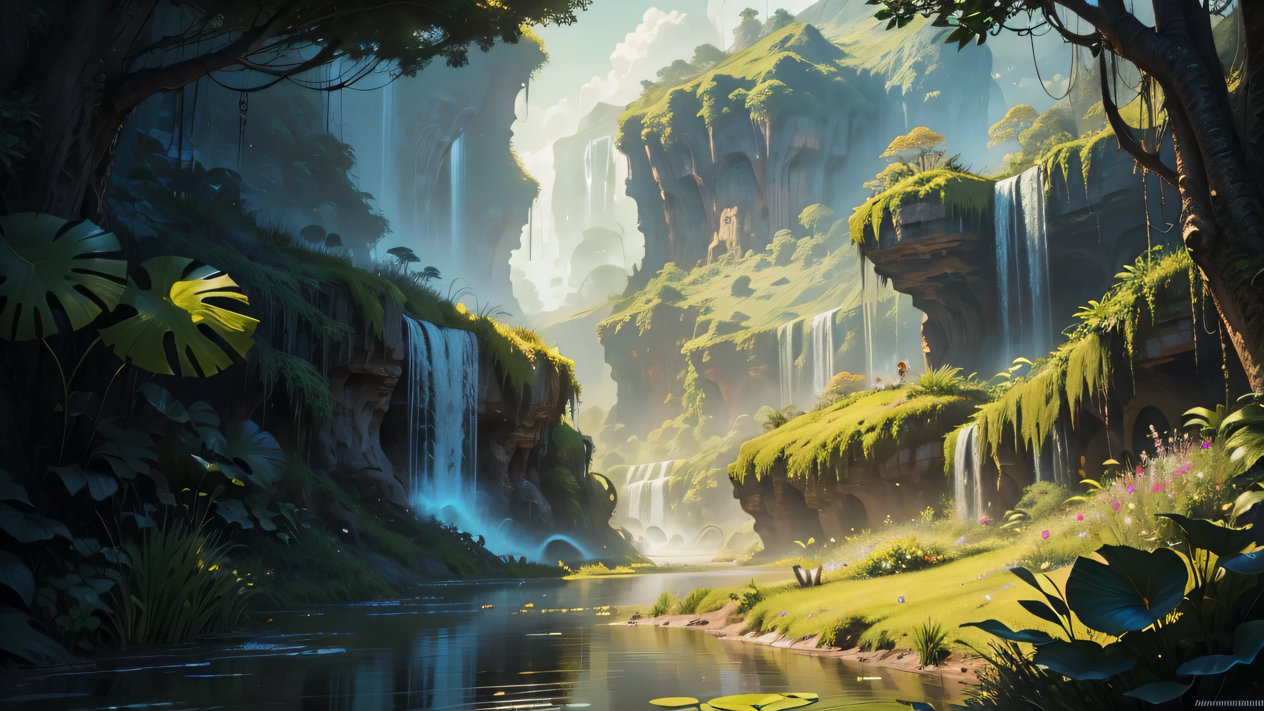 There is a waterfall in the middle of a tropical jungle, bela fantasia detalhada, fantasia altamente detalhada, fantasy scenic, arte digital de fantasia detalhada, Arte digital de fantasia 2D, arte digital detalhada de fantasia 2D, impressive paisagem de fantasia, fantasy pictorial style, arte estilo fantasia, medieval paisagem de fantasia, paisagem de fantasia, realistic fantasy illustration, Arte de fantasia 4k, cidade de fantasia
