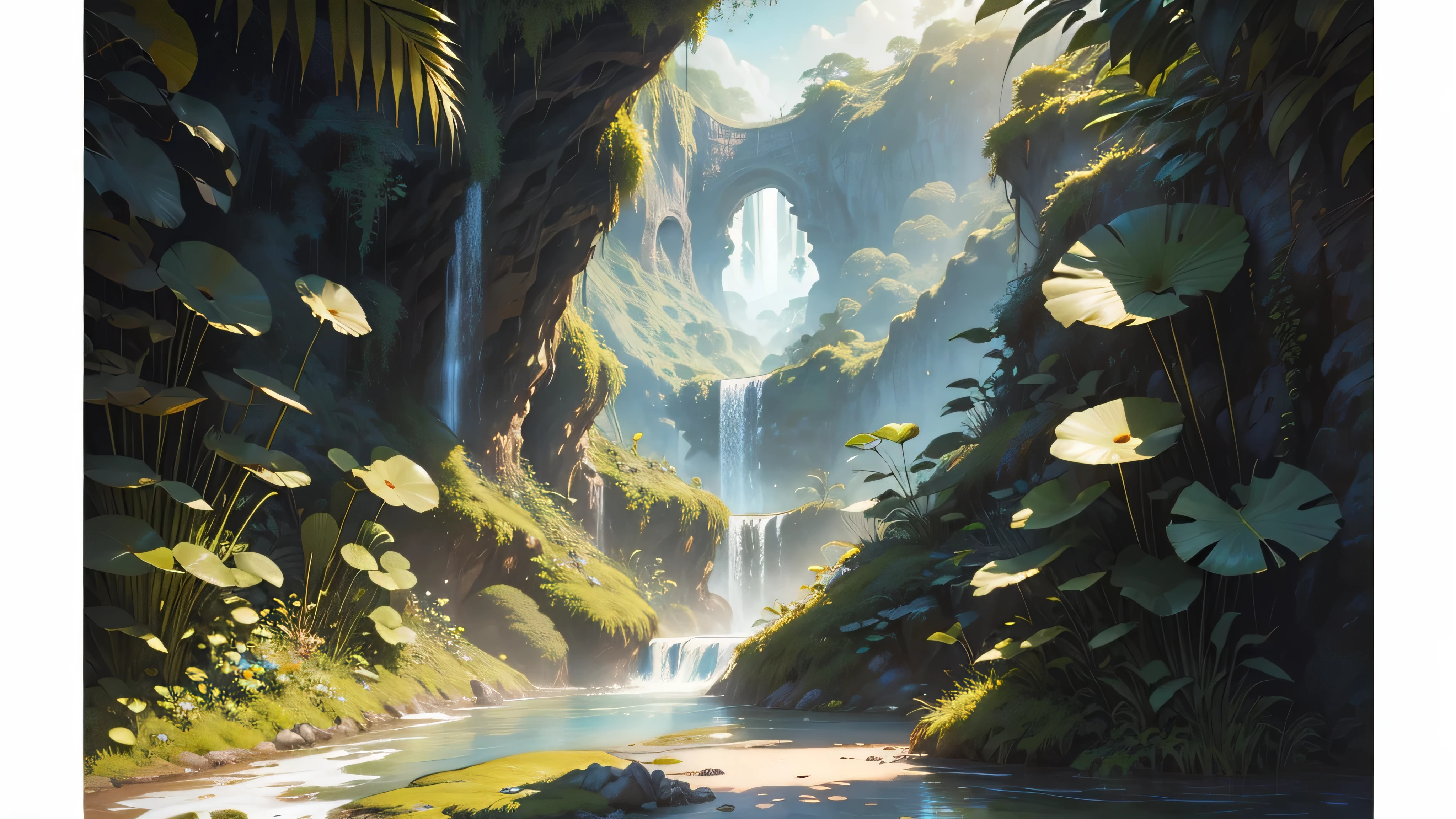 There is a waterfall in the middle of a tropical jungle, bela fantasia detalhada, fantasia altamente detalhada, fantasy scenic, arte digital de fantasia detalhada, Arte digital de fantasia 2D, arte digital detalhada de fantasia 2D, impressive paisagem de fantasia, fantasy pictorial style, arte estilo fantasia, medieval paisagem de fantasia, paisagem de fantasia, realistic fantasy illustration, Arte de fantasia 4k, cidade de fantasia