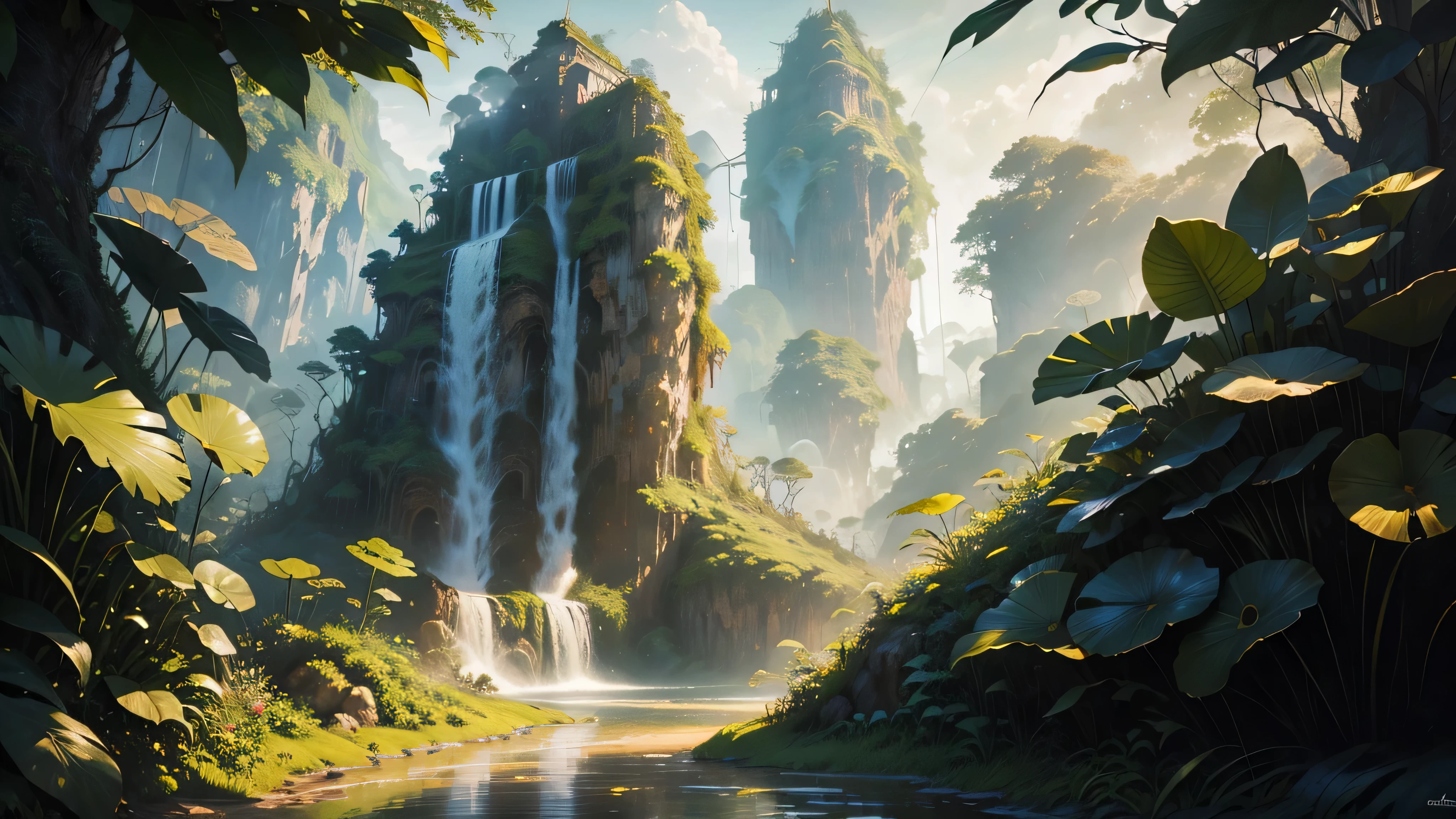 There is a waterfall in the middle of a tropical jungle, bela fantasia detalhada, fantasia altamente detalhada, fantasy scenic, arte digital de fantasia detalhada, Arte digital de fantasia 2D, arte digital detalhada de fantasia 2D, impressive paisagem de fantasia, fantasy pictorial style, arte estilo fantasia, medieval paisagem de fantasia, paisagem de fantasia, realistic fantasy illustration, Arte de fantasia 4k, cidade de fantasia