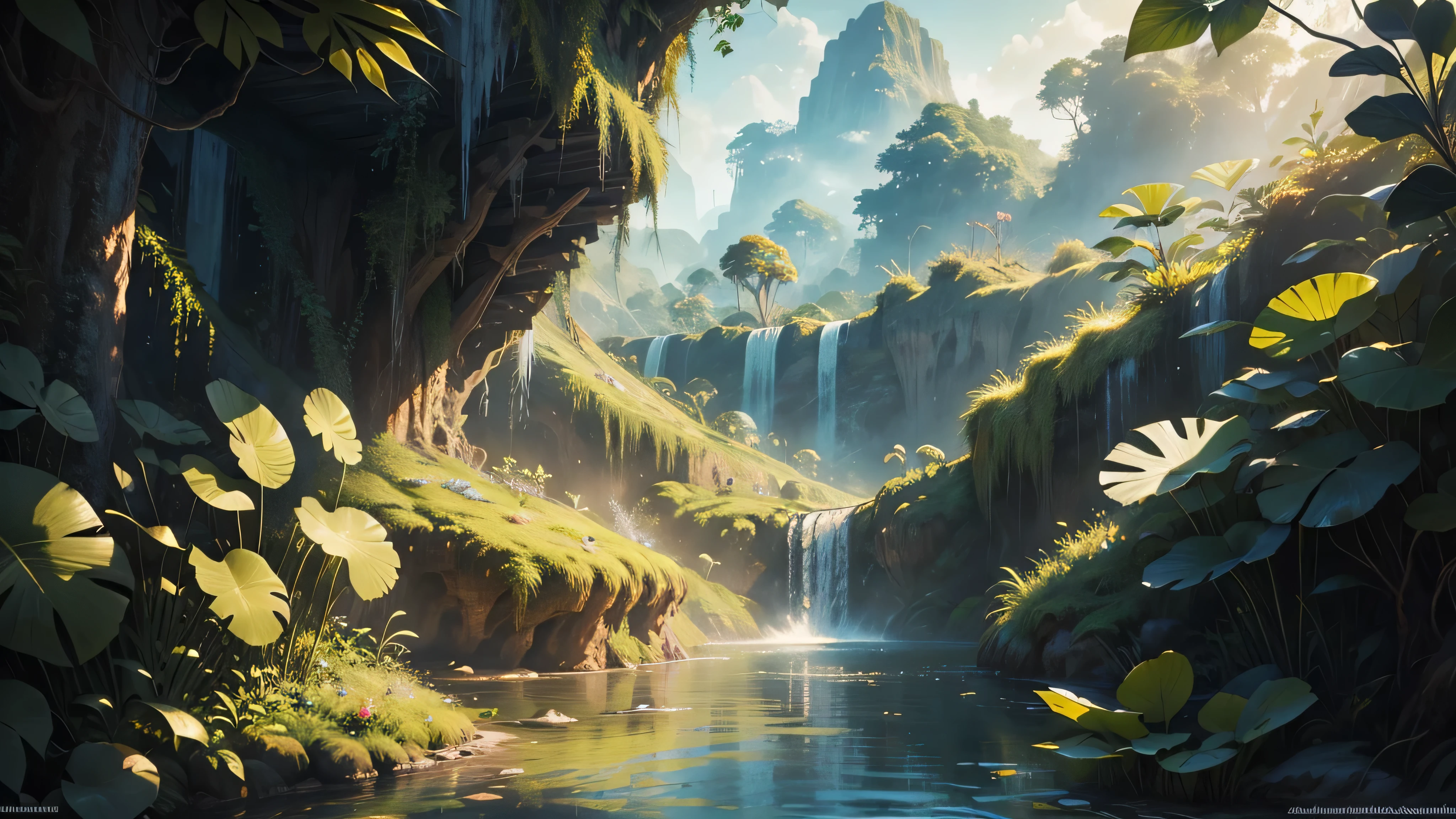 There is a waterfall in the middle of a tropical jungle, bela fantasia detalhada, fantasia altamente detalhada, fantasy scenic, arte digital de fantasia detalhada, Arte digital de fantasia 2D, arte digital detalhada de fantasia 2D, impressive paisagem de fantasia, fantasy pictorial style, arte estilo fantasia, medieval paisagem de fantasia, paisagem de fantasia, realistic fantasy illustration, Arte de fantasia 4k, cidade de fantasia