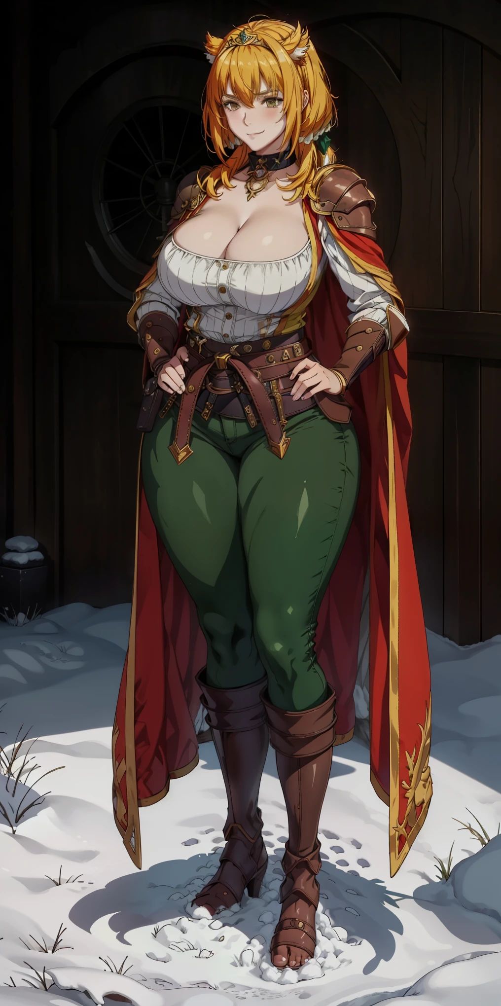 female wearing brown big leather boots full body standing straight symmetrical warrior princess, open cleavage SFW, green pants, NICE ASS, BIG KNOCKERS, big brown belt around waist, big brown belt, short hair, very white skin like snow, wearing full heavy armor red cape, adventurer outfit, hands on hips, smirking lustful smile, golden bracers, black choker, golden tiara, feet together, standing on white snow, veteran warrior, female with dog ears, fluffy ears,
