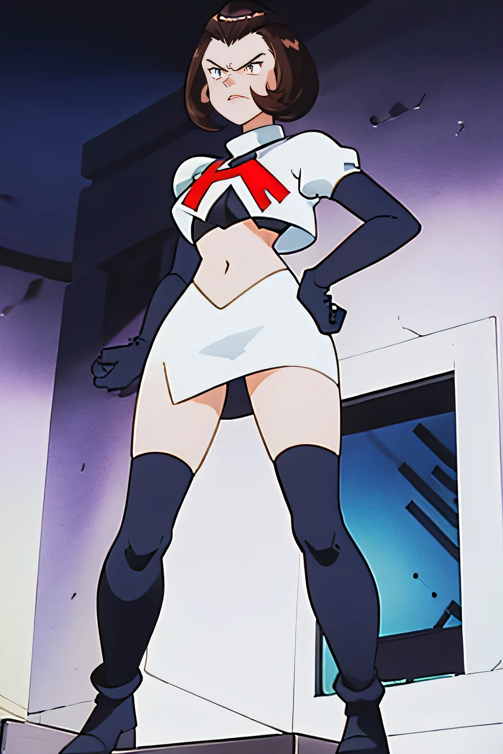 defManuela,glossy lipsmasterpiece, best quality, highres,team rocket uniform, red letter r, white skirt, white crop top, black thigh-high boots, black elbow gloves, glaring angrily, looking down at viewer, hands on hips, full body seen, zettai ryouiki