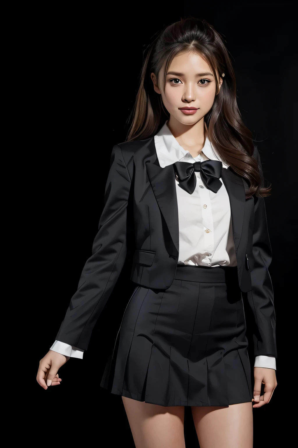 (masterpiece:1.4), (highest quality:1.4), (High resolution:1.4), (masterpiece, highest quality, High resolution:1.4), Giffany, school uniform, (cable bow:1.1), smile ､((black background))