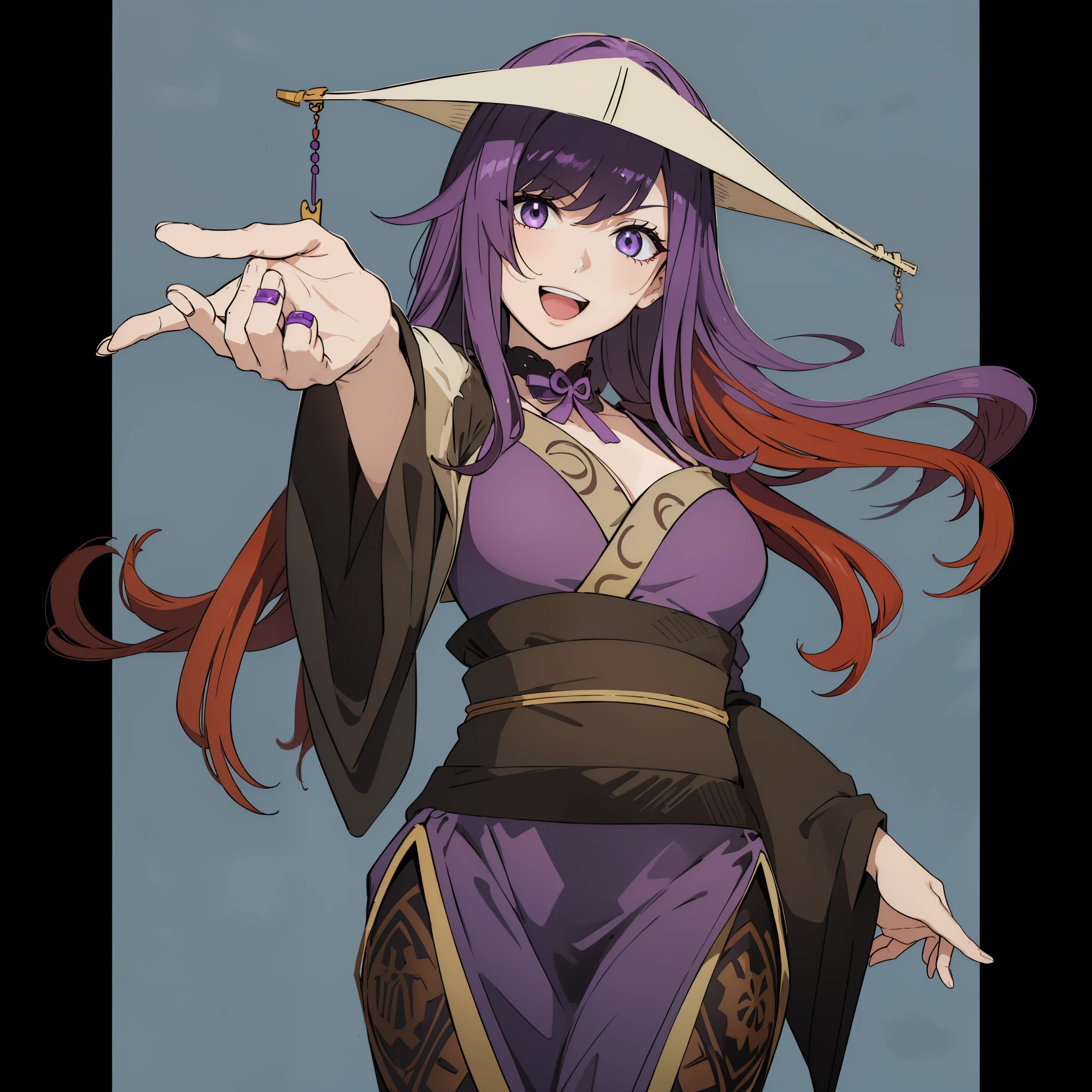 Girl with long purple hair，Beautiful eyes，happy expression，Purple-haired ninja wearing a hat，to grin，Raise your hand，in costume