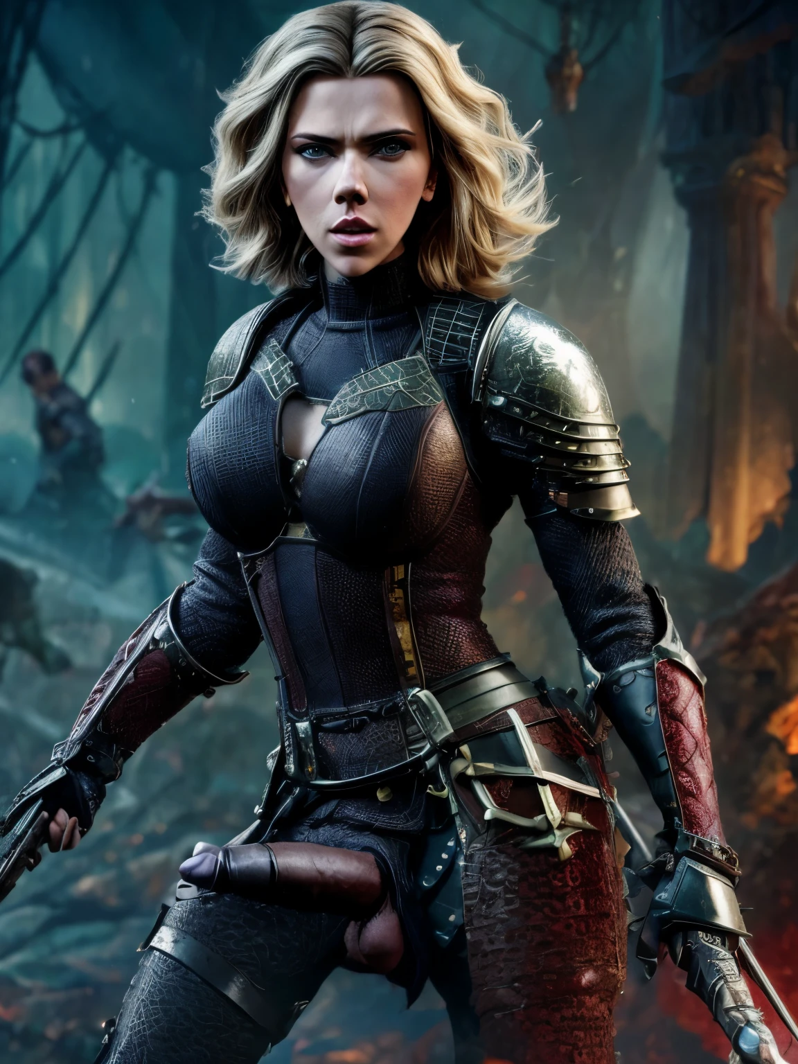 Scarlett Johansson is a sexy gothic knight wearing Lovecraftian armour exposing her beautiful cock