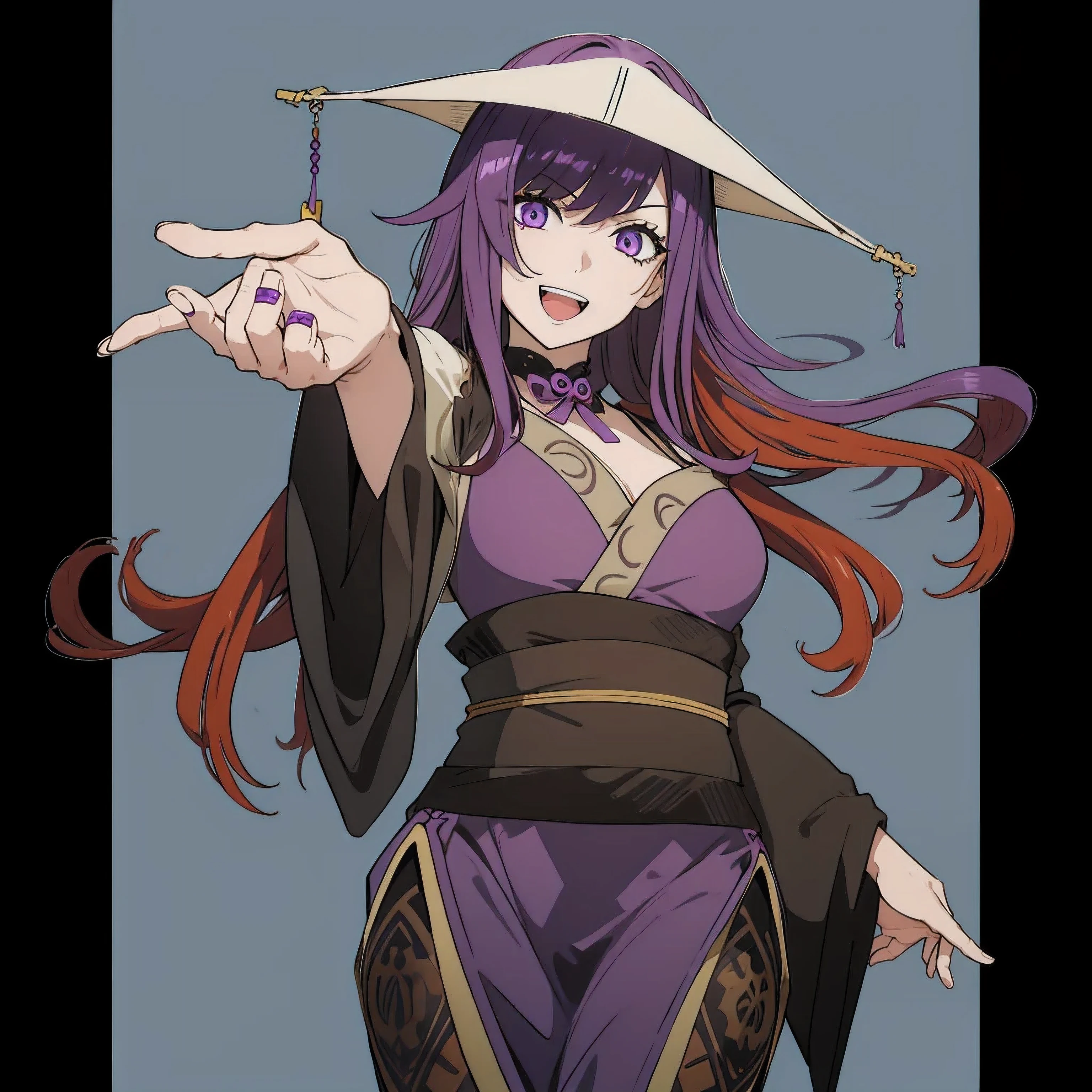 Girl with long purple hair，beautiful eyes，happy expression，Purple-haired ninja wearing a hat，Grin，raise your hand，wearing costumes