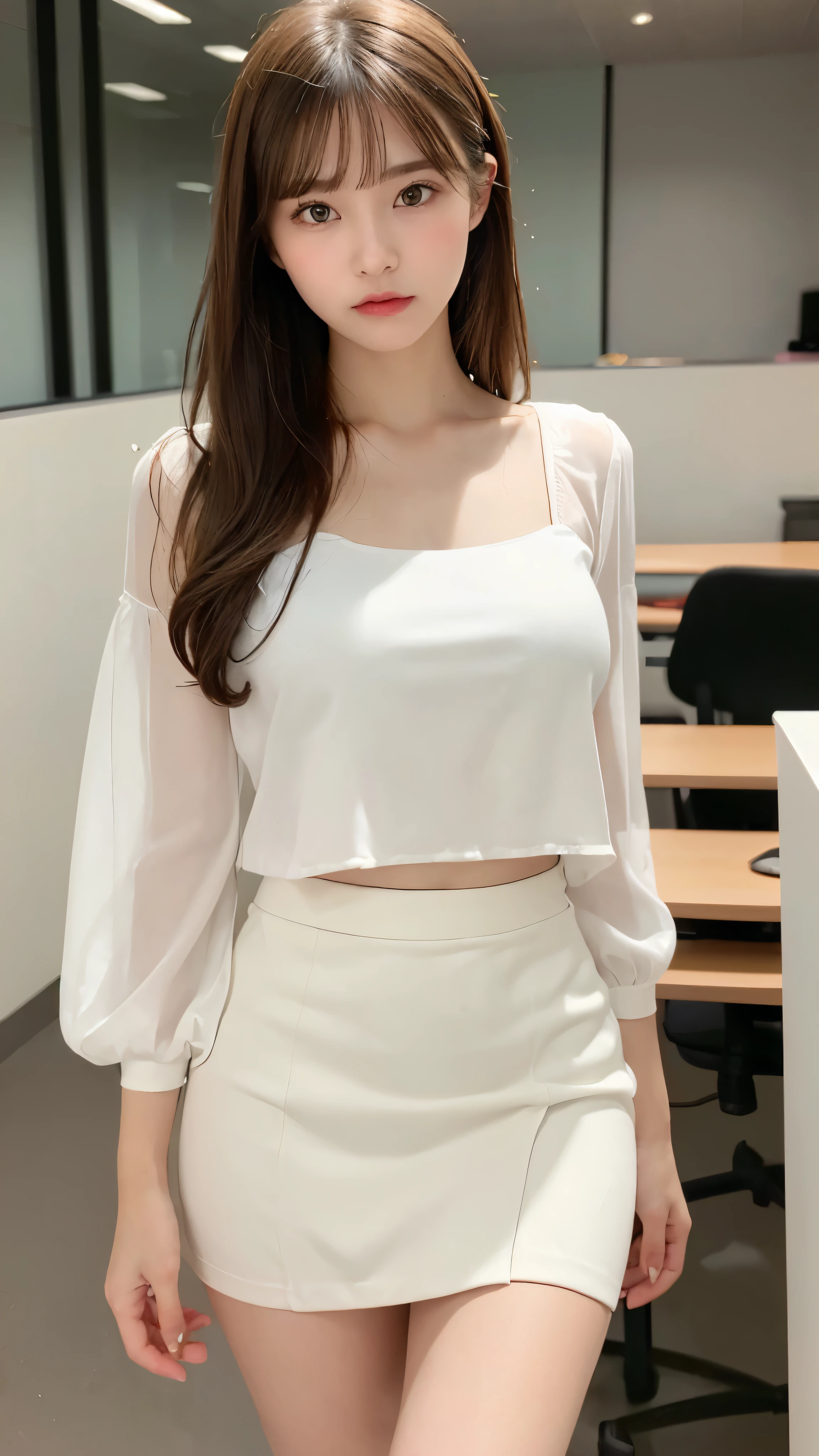(((NSFW)))、(masterpiece:1.5)、(realistic:1.5)、(highest quality:1.4、8K、RAW photo）、 ultra high resolution、professional lighting、perfect dynamic composition、Taken in an office room、film grain、chromatic aberration、(Bokeh:1.1)、 Frank、Sophisticated、charm、超realistic、high detail、golden ratio、 (1 girl)、slender girl、繊細でcharm女の子、cute woman:1.4、 small breasts、serious expression、looking at the viewer、sculpture installation、light brown hair、shining hair、Hair style is ponytail、 skin that looks real、 close your mouth、fine eyes、double eyelid、thin arms、、 (White blouse and tight skirt:1.3)、thighs