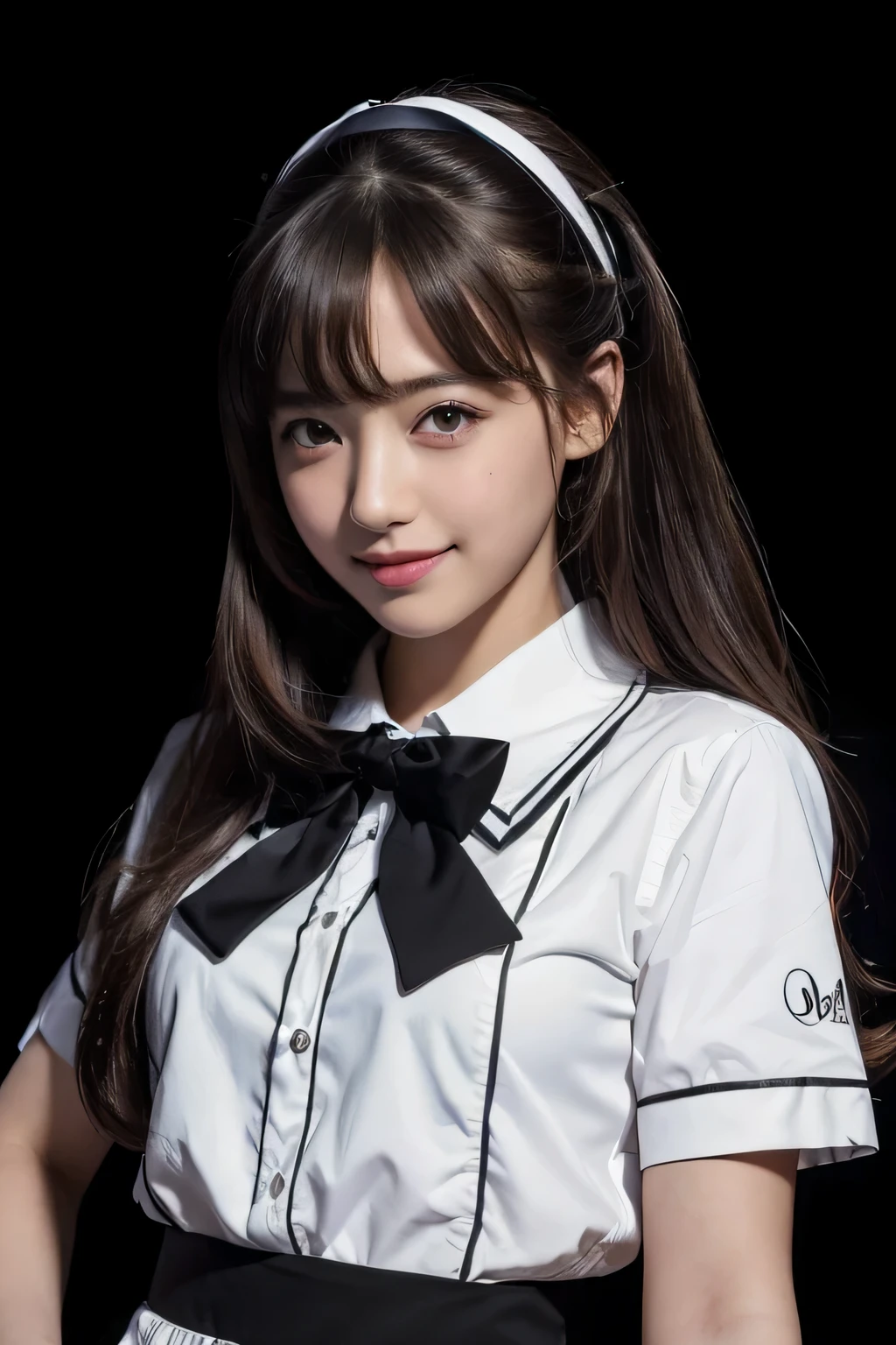 (masterpiece:1.4), (highest quality:1.4), (High resolution:1.4), (masterpiece, highest quality, High resolution:1.4), Giffany, school uniform, (cable bow:1.1), smile 、((black background))