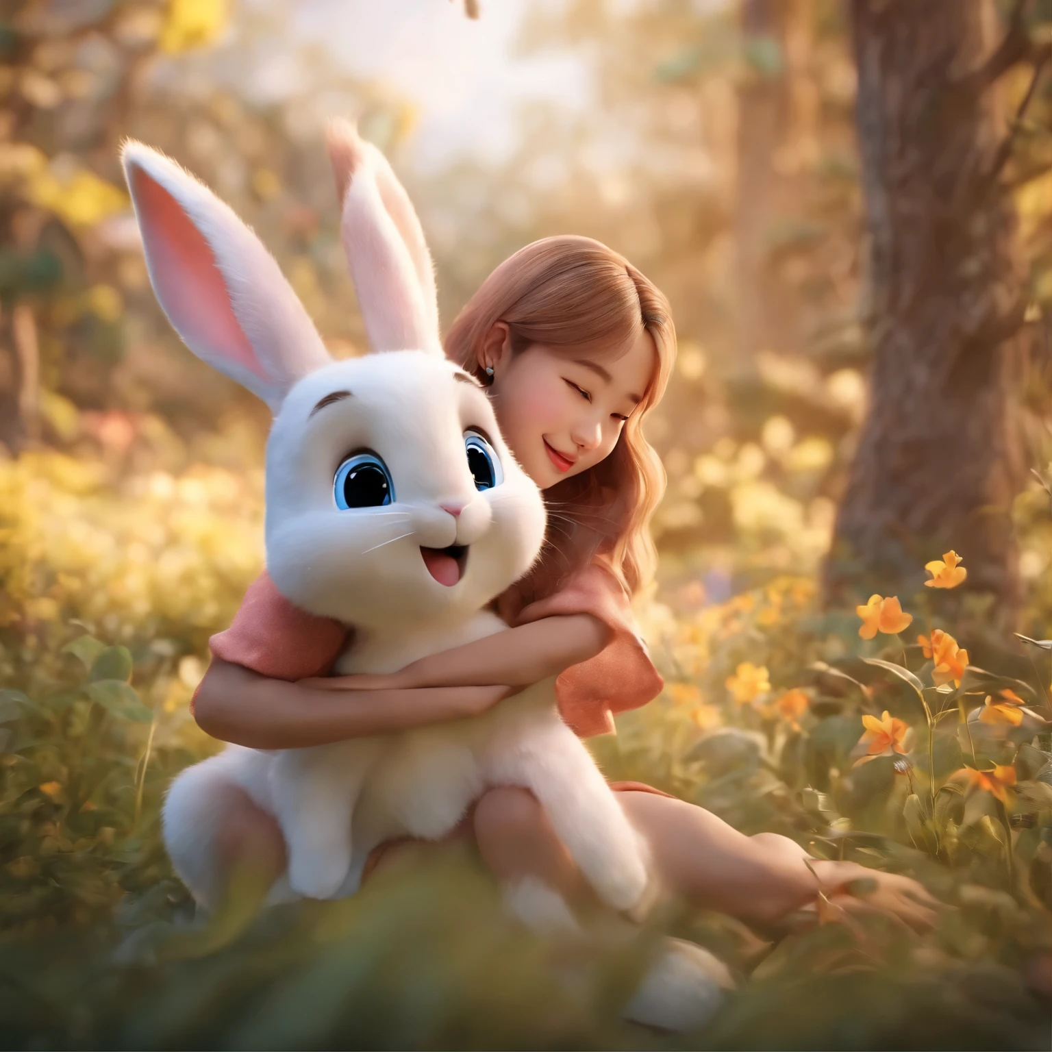 movie image quality,korean kpop actress lisa from blackpink with a cute rabbit, Disney animation, Disney animation style, Disney movie animation, 3D movies, Chinese style, explorer rabbit, walking through the colorful forest, with her rabbit fried, HD, children's painting, depth of fields, Light High, Real Light, Streak Traching, OC rendered, hyper-realistic, best quality, 8K, Master Works, super fine, detailed pubic hair, correct anatomy, sharp focus on eyes, bokeh, facial features are carefully described