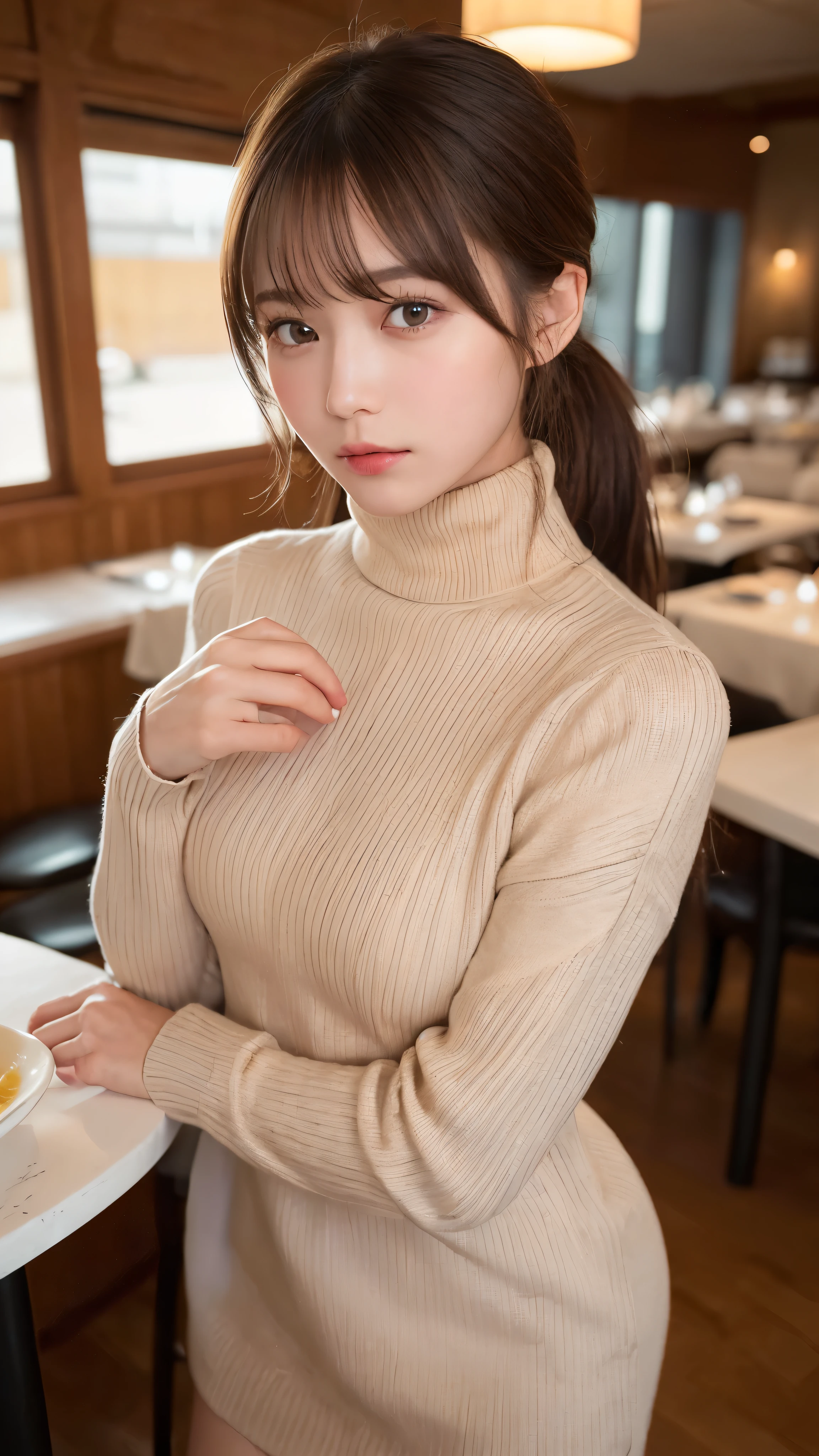 ((NSFW))、(masterpiece:1.5)、(realistic:1.5)、(highest quality:1.4、8K、RAW photo)、 ultra high resolution、professional lighting、perfect dynamic composition、Photographed at a stylish restaurant、 film grain、chromatic aberration、(Bokeh:1.1)、 Frank、Sophisticated、charm、超realistic、high detail、golden ratio、 (1 girl)、slender girl、繊細でcharm女の子、cute woman:1.4、 serious expression、looking at the viewer、sculpture installation、light brown hair、shining hair、Hair style is ponytail、 skin that looks real、 close your mouth、fine eyes、double eyelid、thin arms、(She is wearing a turtleneck ribbed sweater dress.:1.3)