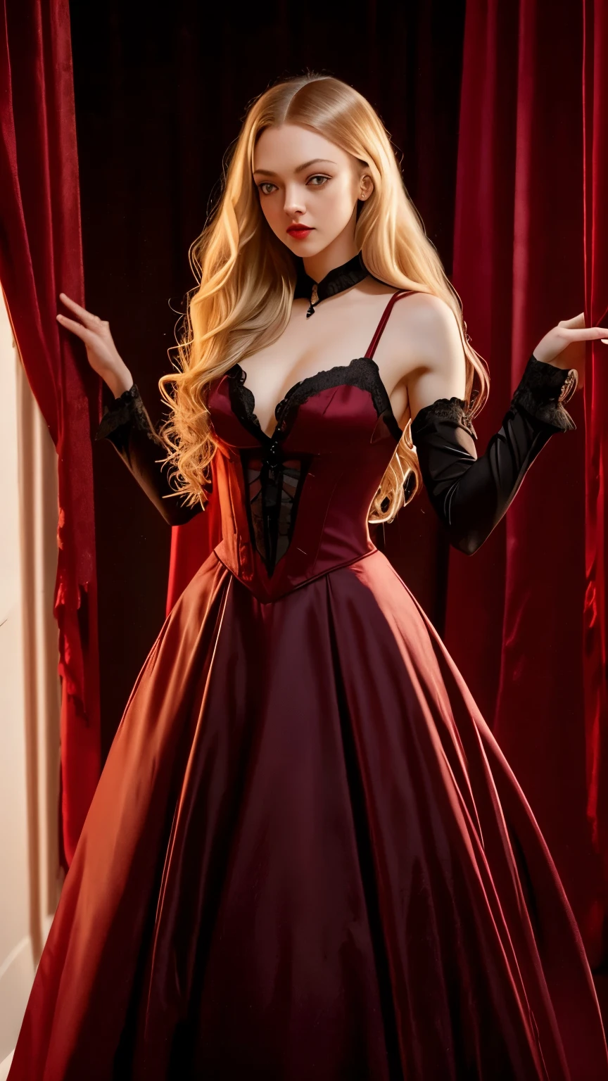 amanda seyfried, long hair, wavy hair, blonde hair, athletic body, gothic atmosphere, many shadows, full body, vampire, blood red dress, sexy dress, blood red curtains, look at the camera, athletic body, bright red lips.