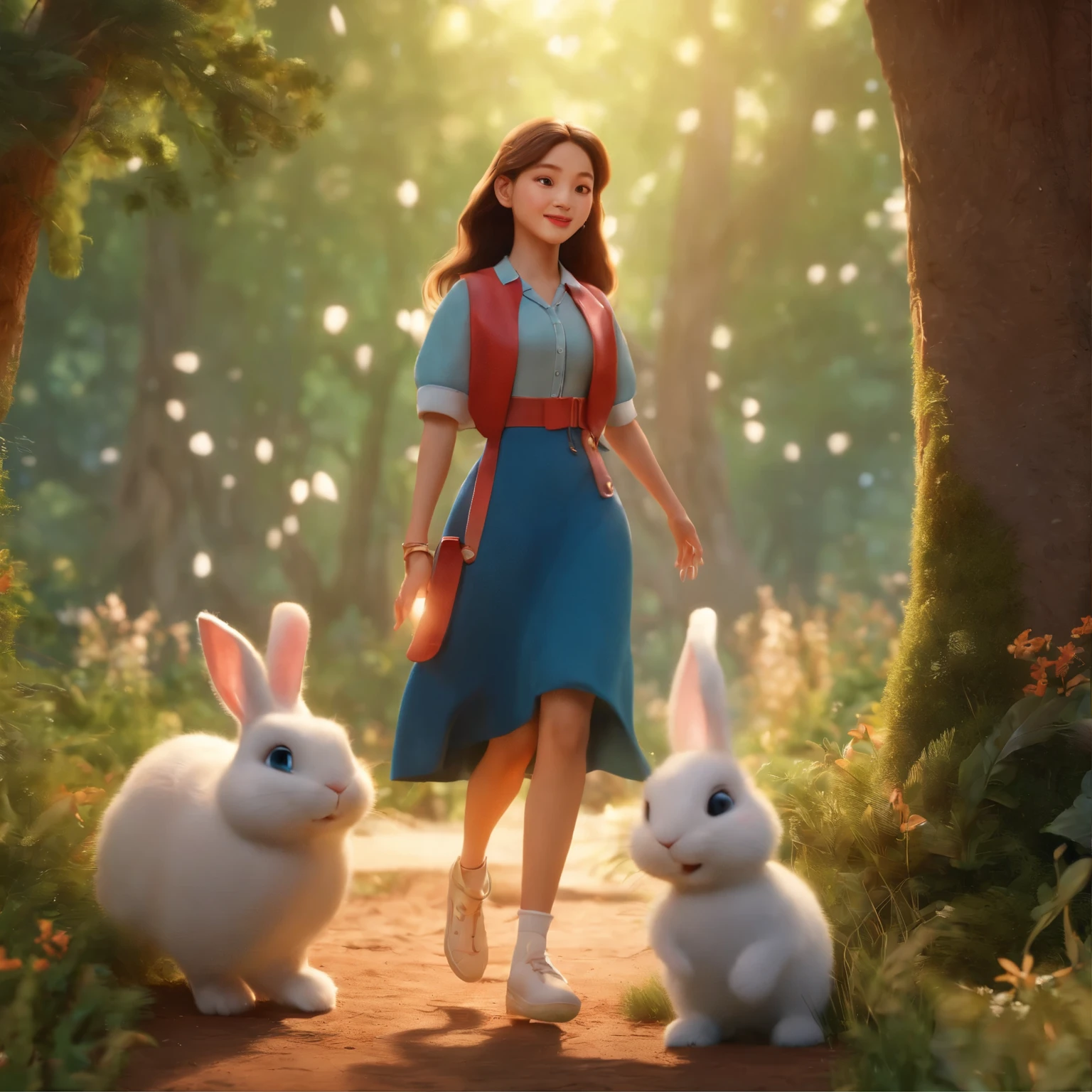 movie image quality,korean kpop actress lisa from blackpink with a cute rabbit, Disney animation, Disney animation style, Disney movie animation, 3D movies, Chinese style, explorer rabbit, walking through the colorful forest, with her rabbit fried, HD, children's painting, depth of fields, Light High, Real Light, Streak Traching, OC rendered, hyper-realistic, best quality, 8K, Master Works, super fine, detailed pubic hair, correct anatomy, sharp focus on eyes, bokeh, facial features are carefully described