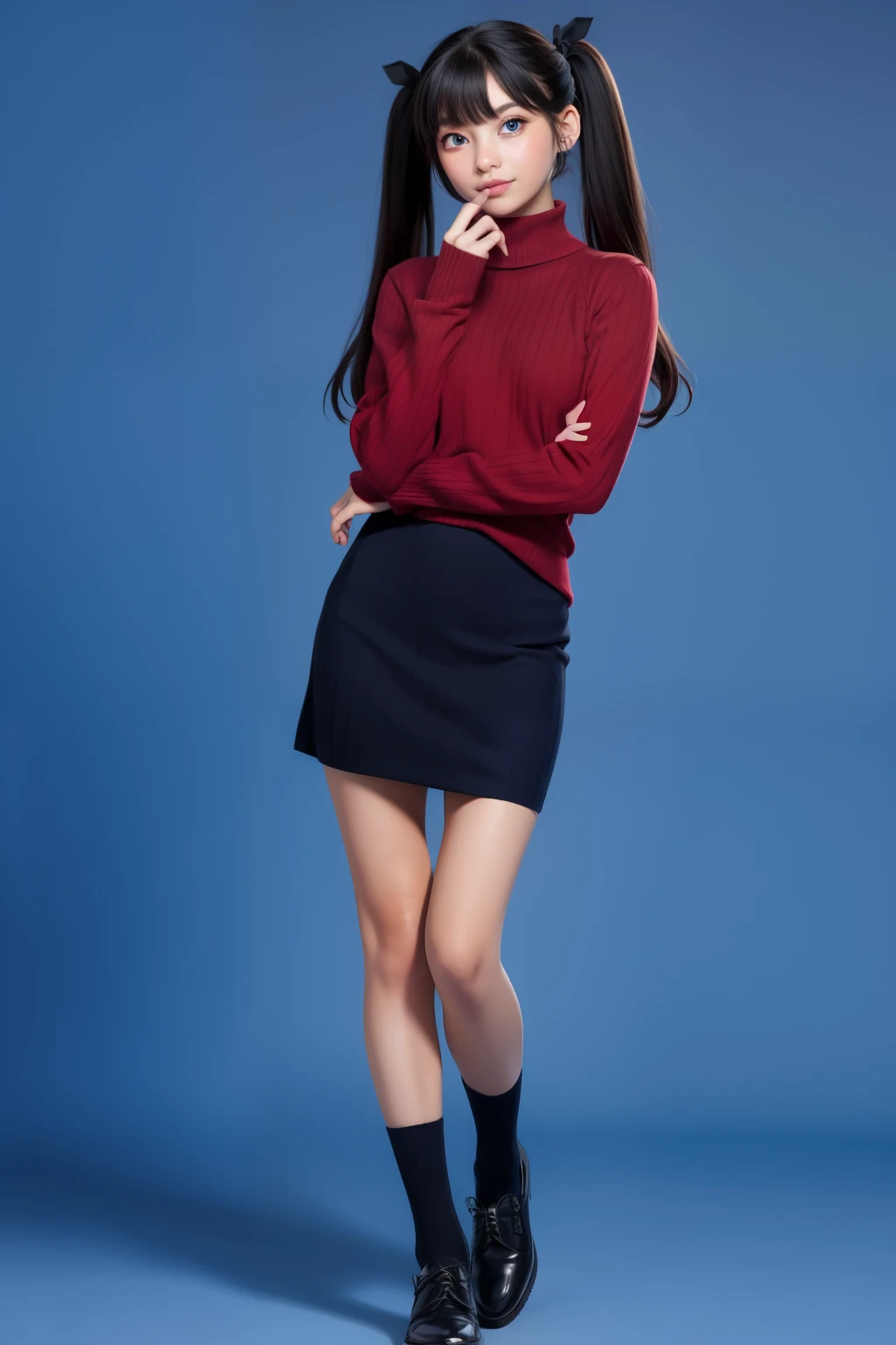 1girl, tohsaka rin, solo, long hair, sweater, red sweater, looking at viewer, blue background, black hair, simple background, two side up, turtleneck, blue eyes, lips, closed mouth, ribbon, hair ribbon, bangs, turtleneck sweater, parted bangs, black ribbon, ribbed sweater, twintails, nose, whole body, full body, mini skirt, socks