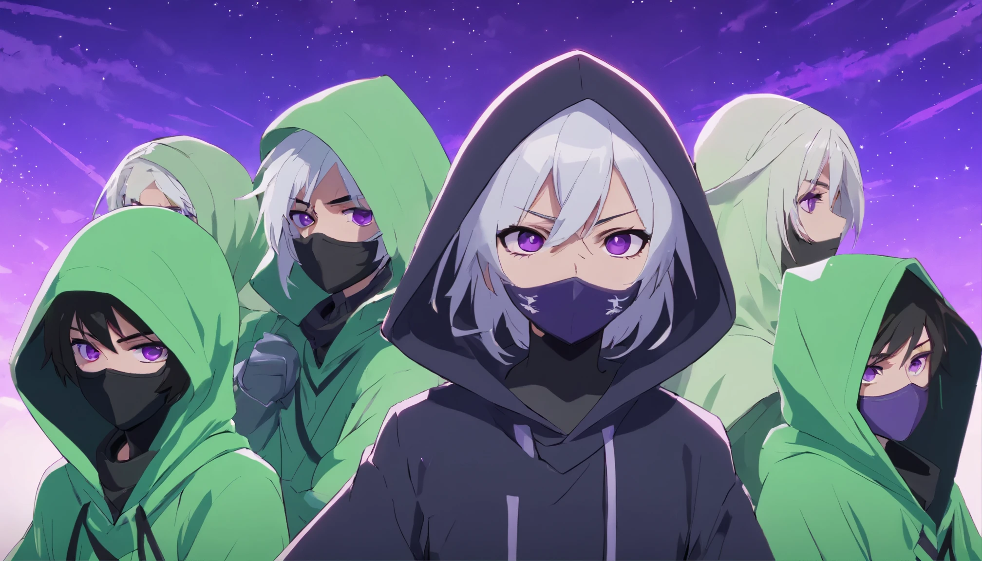 Ninja boy in white hood and black mask with white hair and purple eyes, fundo verde, quadrado, 9 poses, 9 fases, 9 expressions, 9 emotions, 9 quadros, do it in several different positions.
