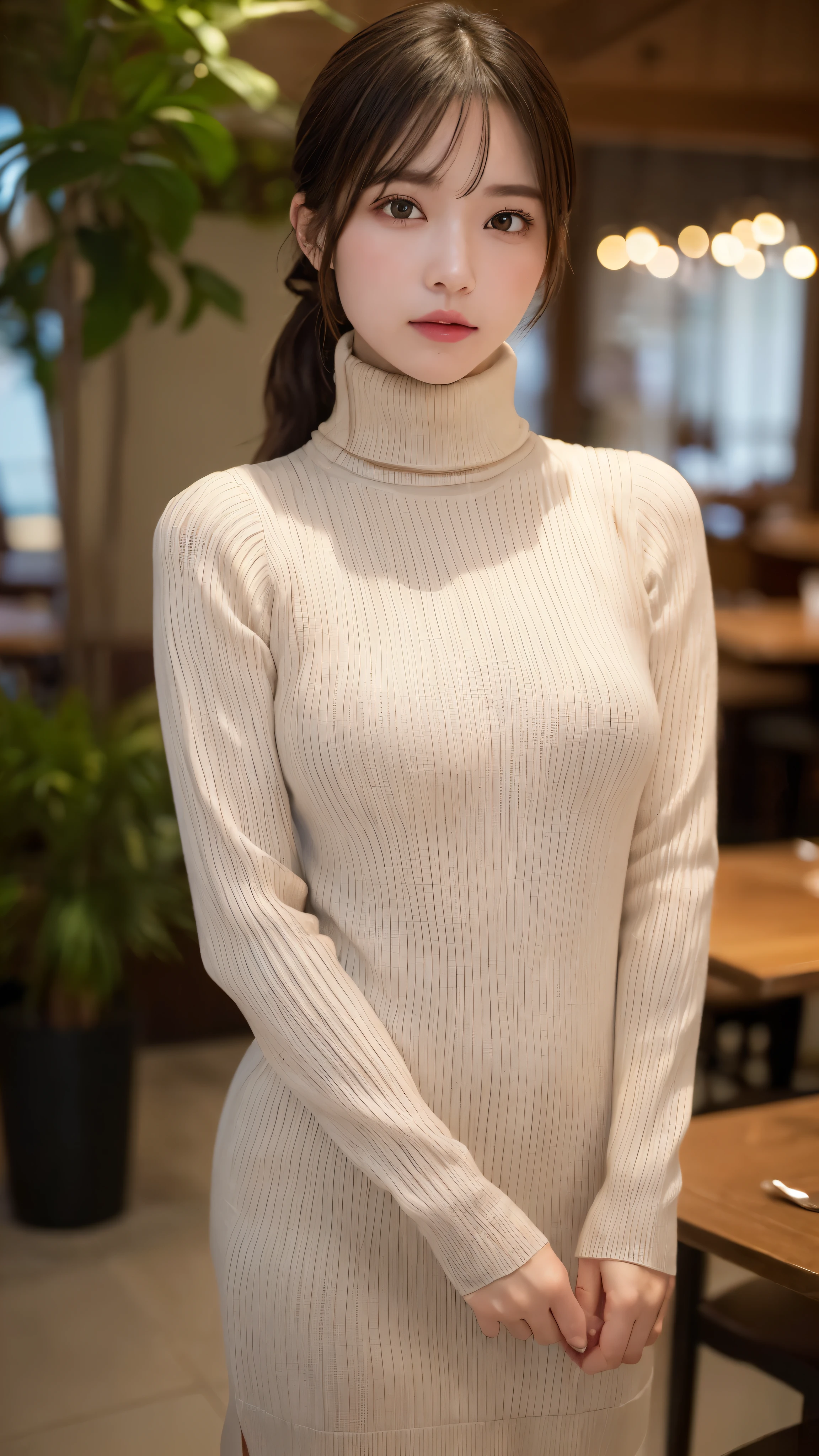 A woman in a turtle neck sweater dress poses for a picture - SeaArt AI