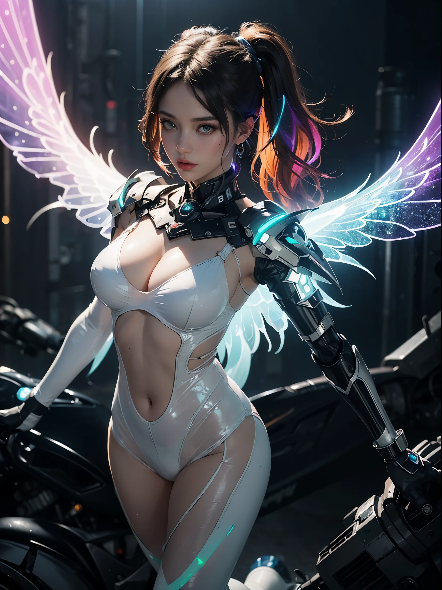 Unbeatable tmasterpiece, ultra real photo , Perfect artwork , Complicated details , Best quality , strong lights , hight contrast , dynamicposes , holland angle , (bblurry, depth of fields, bblurryforeground:1.35) ,Mecha, 1 girl, perky breasts, detailed eyes, jewelry, night, (realistic:1.3), extreme detailed, full body, tiger jump, mecha tiara, (transparent PVC luminous bodysuit:1.8), glow, pale skin, colorful neon, long exposure, motion blur, (Glowing ambiance, enchanting radiance, luminous lighting, ethereal atmosphere, mesmerizing glow, evocative hues, captivating coloration, dramatic lighting, enchanting aura:1.7), (mecha_armor,neon_Twintails),( lens flare glow:1.25) ,