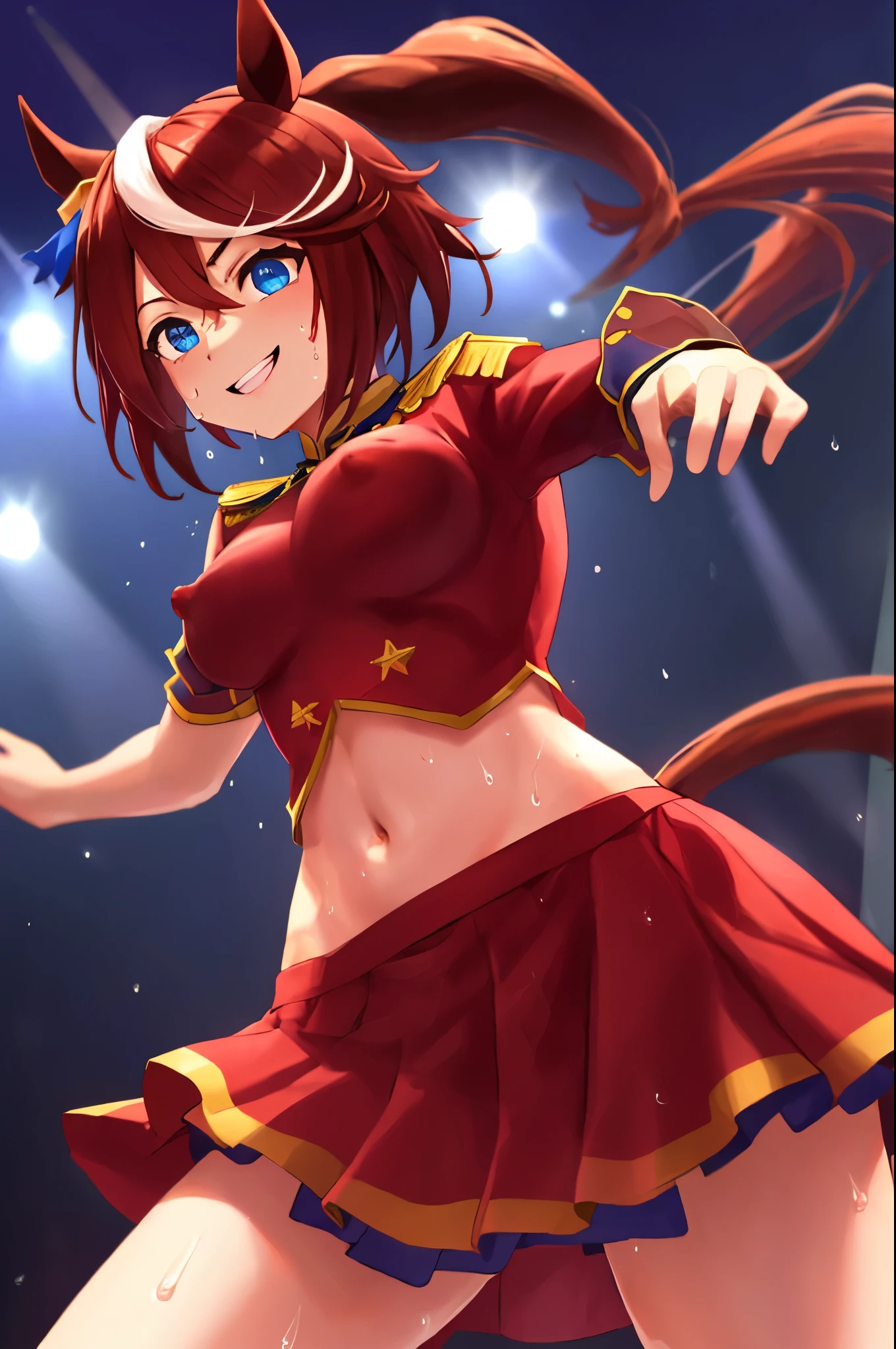 sexy dance show,tokai teio ,Umamusume,Ultra-detailed face,top-quality,Smile,Live Stage,Stage costumes,(Horse tail),sing a song,ultra miniskirt,navel,micro panties,clearvage,erected nipples,sweat,from below,close mouth
