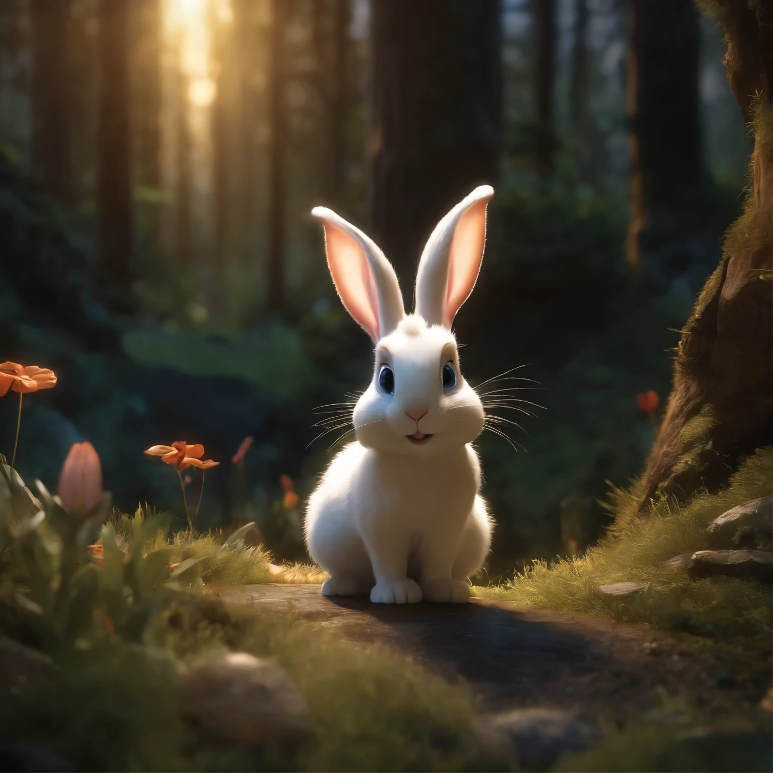 movie image quality, Korean kop lisa with a rabbit, Disney animation, Disney animation style, Disney movie animation, 3D movies,(An adventurous cartoon rabbit is leaning over to take a closer look at the terrain in the dark forest), with his animal friends, HD, children's painting, depth of fields, Light High, Real Light, Streak Traching, OC rendered, hyper-realistic, best quality, 8K, Master Works, super fine, detailed pubic hair, correct anatomy, sharp focus on eyes, bokeh, facial features are carefully described