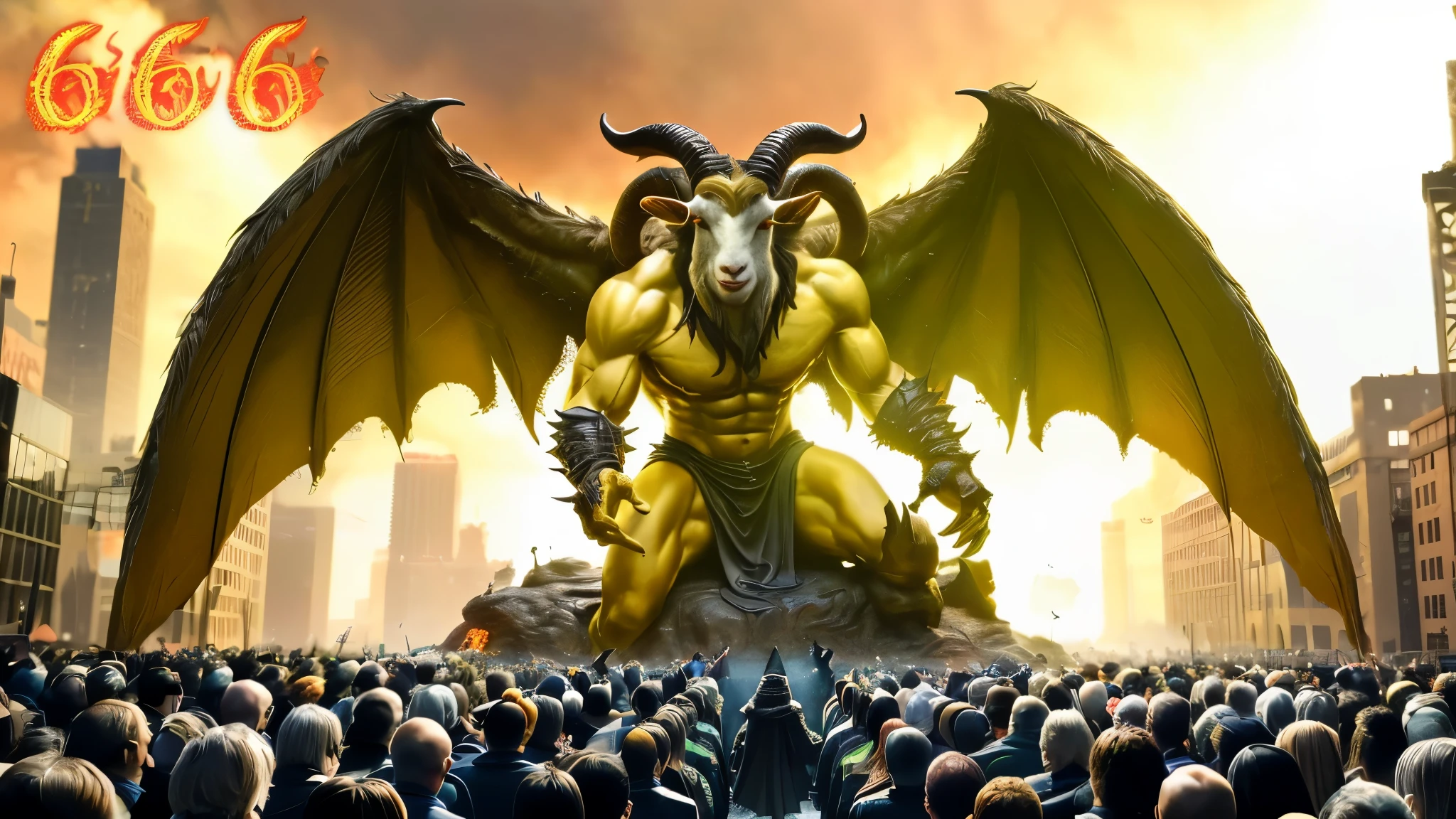 there is a large crowd of people watching a Gold large statue of a demon with a face of a Goat, demon statue shouting in front of the people, satan in hell, in style the demon seated, an giant evil, the beast of judgement, very realistic image, 16k resolution, very detailed