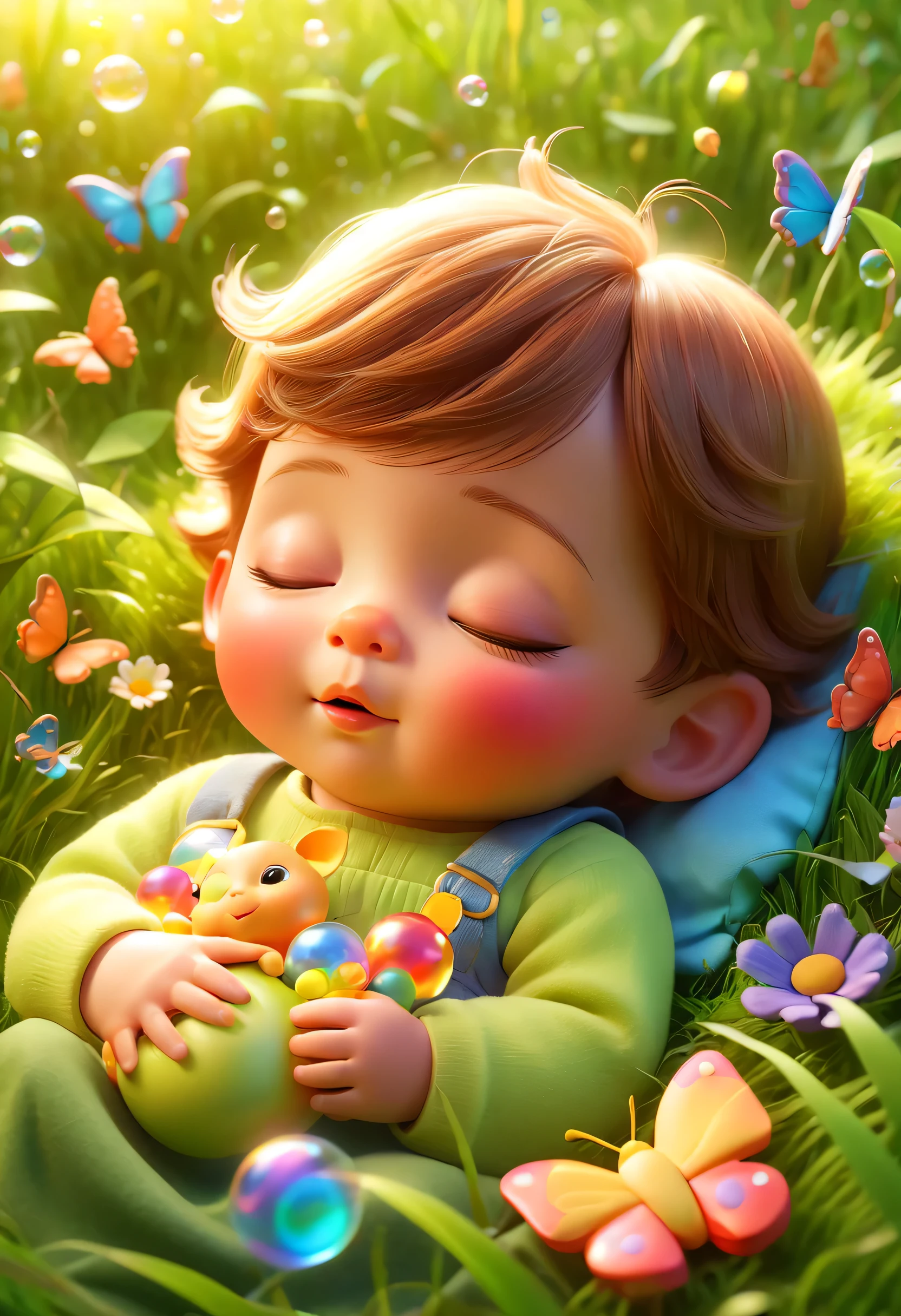  sleeping peacefully on the grass, Holding a toy, 3D, cartoon, Pixar style, The sun casts a warm, cozy glow, A dreamy atmosphere full of fairy tale atmosphere, Bubbles float gently around, Butterflies fluttering nearby, flowers bloom，Bright colors, (best quality,4K),(movie light), (Surreal, Super detailed, lifelike), Capturing the innocence and tranquil beauty of childhood, Vivid colors depict storybook scenes, human development report, Professional studio lighting，Enhance the sense of magic, Focus on the baby;s contented expression and the intricate details of the toy, Engrossing background with whimsically animated bubbles and butterflies adding a dreamy quality, Physically based rendering，实现lifelike纹理表示, Materials and lush green grass