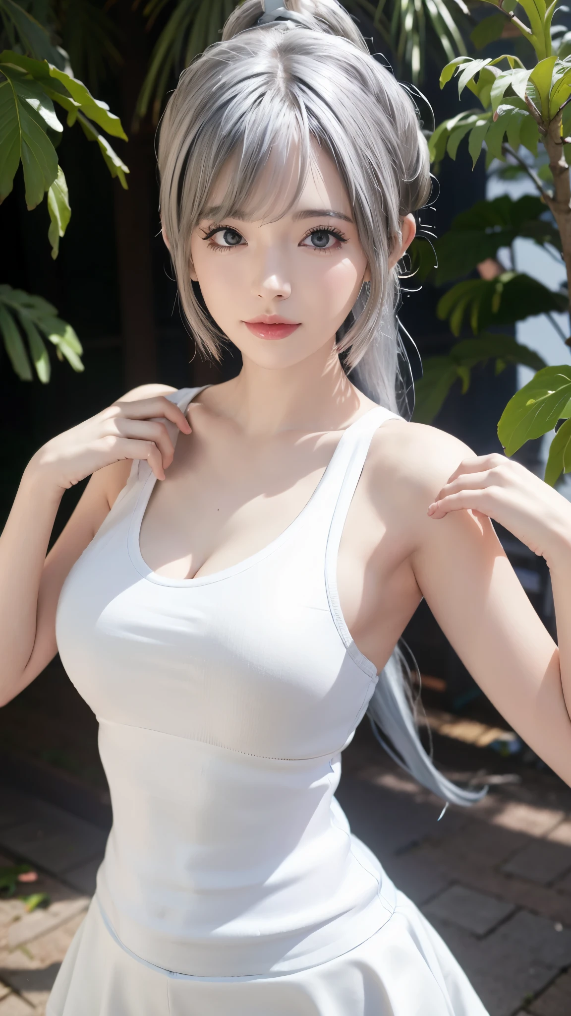 Close-up of a woman in a white vest and skirt, pale milky white porcelain skin, Fair, The skin is smooth and translucent, 的Anime manga girl, beautiful anime woman, Surreal sweetness, white color hair,High ponytail colorful eyes,Pale porcelain white skin, Smooth and lifelike perfect body, Anime manga girl , Realistic shadow perfect body, A masterpiece by Guwitz