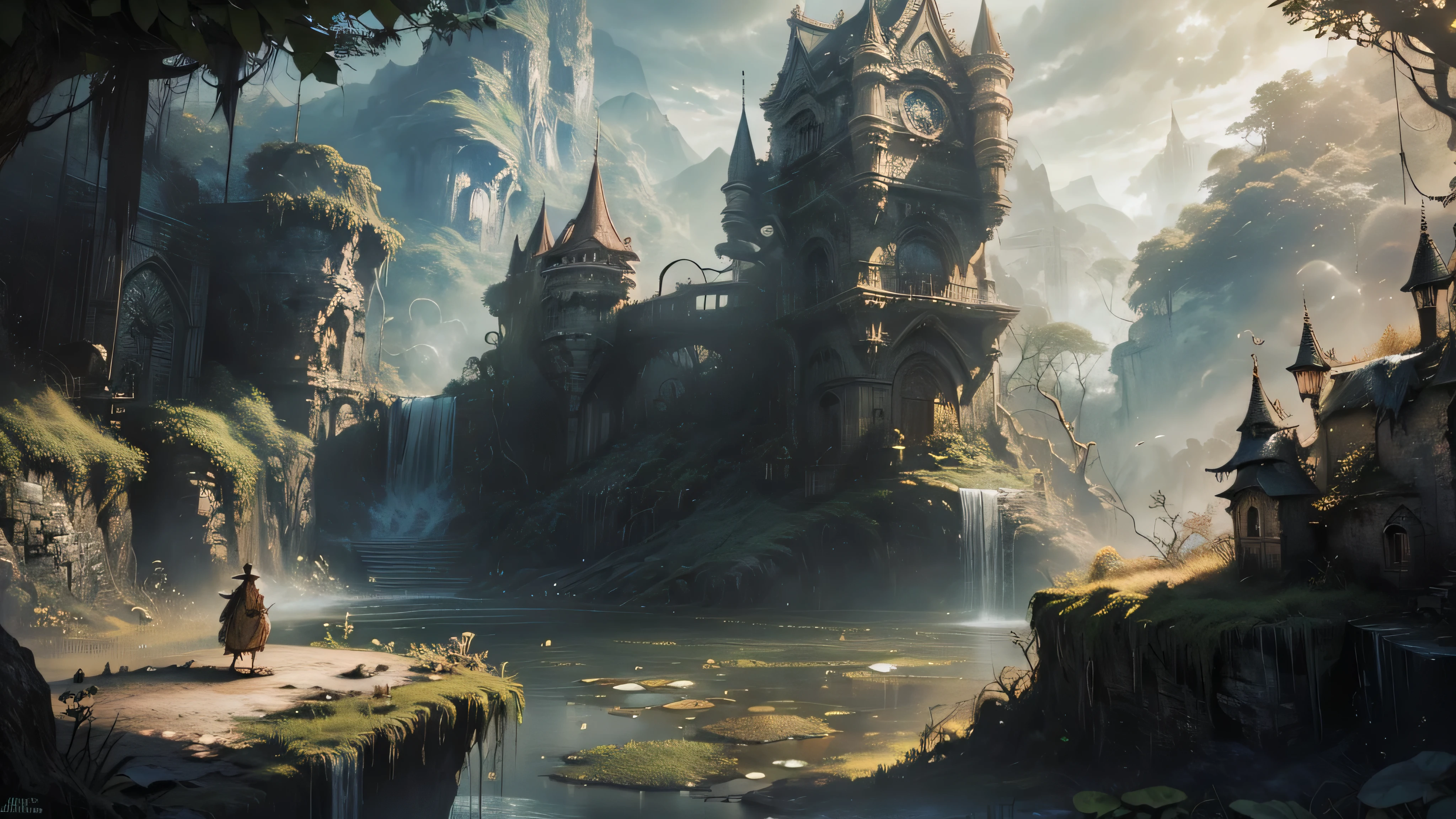 There is a waterfall in the middle of a tropical jungle, bela fantasia detalhada, fantasia altamente detalhada, fantasy scenic, arte digital de fantasia detalhada, Arte digital de fantasia 2D, arte digital detalhada de fantasia 2D, impressive paisagem de fantasia, fantasy pictorial style, arte estilo fantasia, medieval paisagem de fantasia, paisagem de fantasia, realistic fantasy illustration, Arte de fantasia 4k, cidade de fantasia