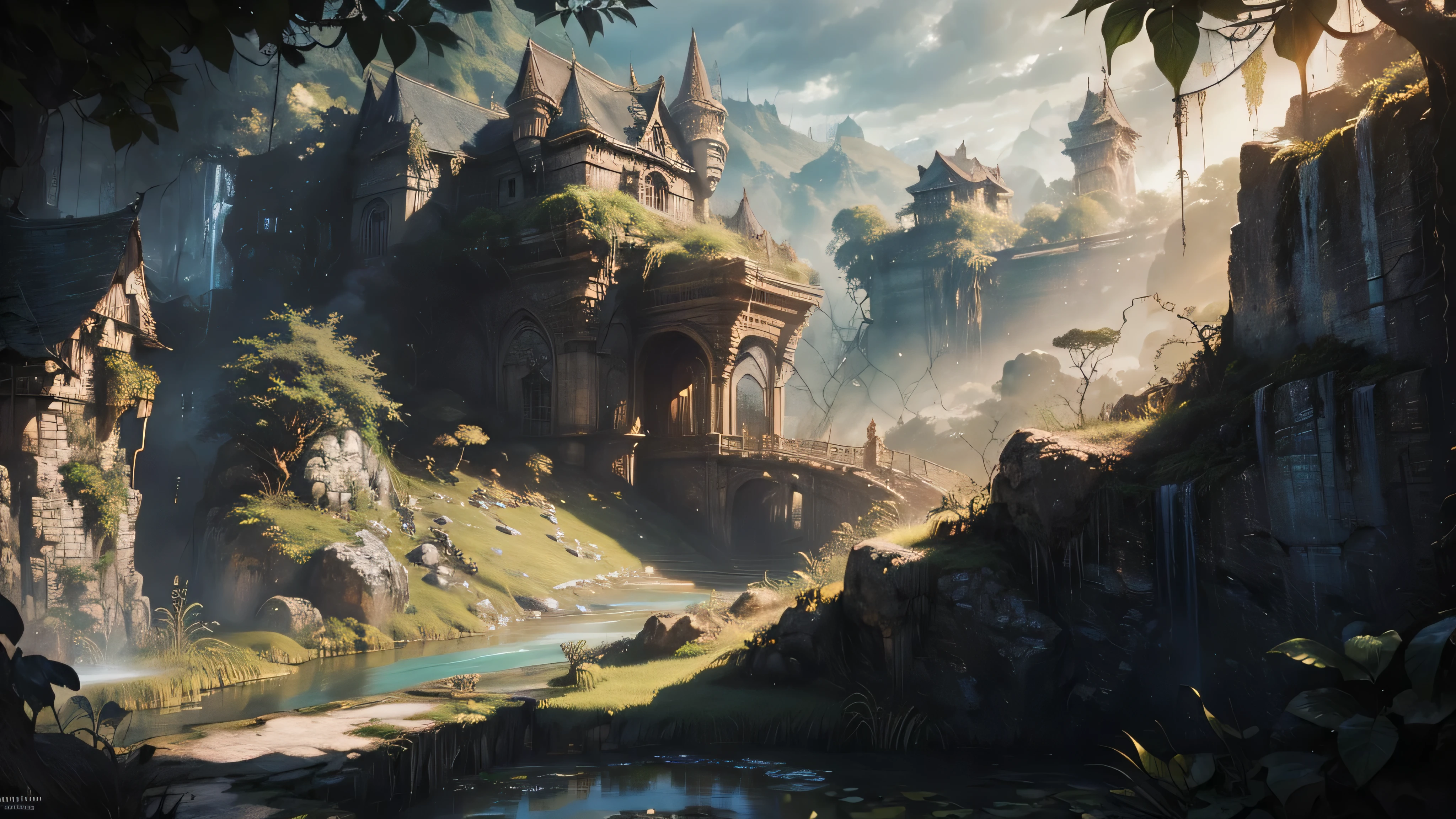 There is a waterfall in the middle of a tropical jungle, bela fantasia detalhada, fantasia altamente detalhada, fantasy scenic, arte digital de fantasia detalhada, Arte digital de fantasia 2D, arte digital detalhada de fantasia 2D, impressive paisagem de fantasia, fantasy pictorial style, arte estilo fantasia, medieval paisagem de fantasia, paisagem de fantasia, realistic fantasy illustration, Arte de fantasia 4k, cidade de fantasia