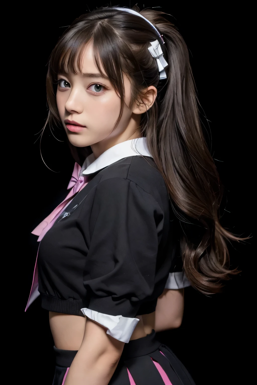 (masterpiece:1.4), (highest quality:1.4), (High resolution:1.4), (masterpiece, highest quality, High resolution:1.4), Giffany, school uniform, (cable bow:1.1),((black background))