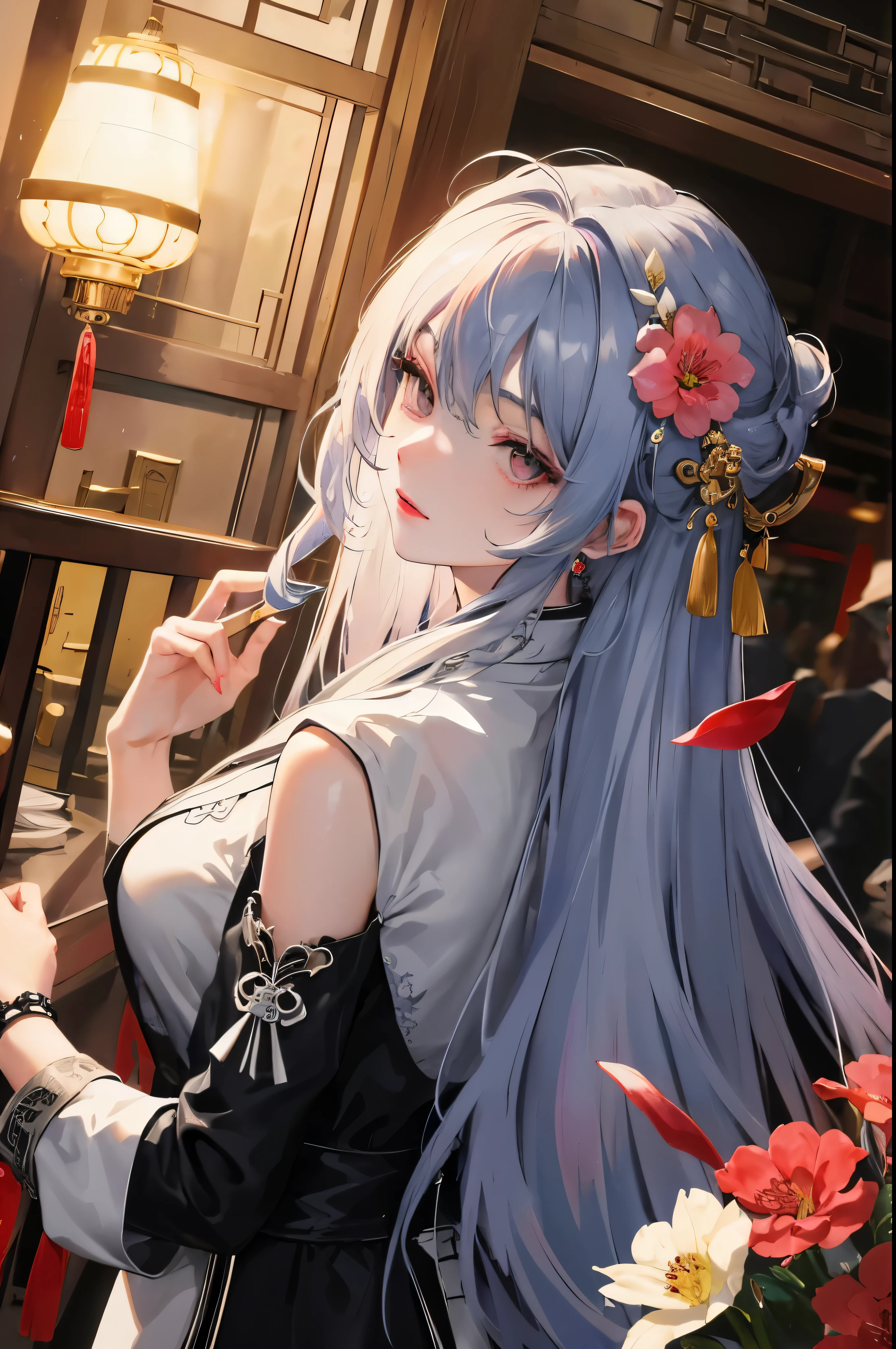 masterpiece、need、night view、full moon、1 female、mature woman、Chinese style、Ancient style China、elder sister、Royal sister、cold face、poker face、Woman with long silver hair、pale pink lips、steady、intellect、Three times、black eyes，assassin,daggers,Flower ball background,Walk in the street view,details on face