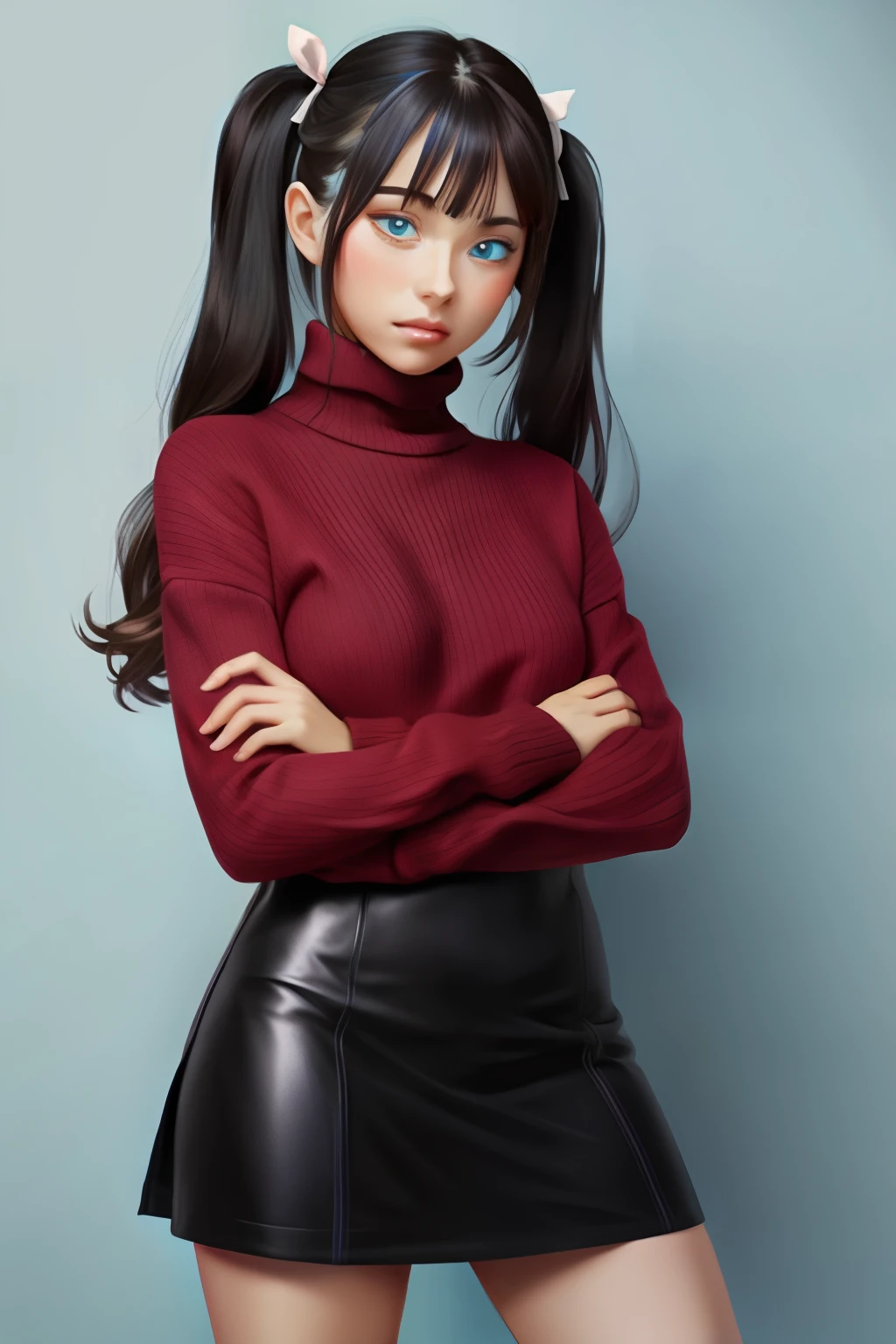 1girl, tohsaka rin, solo, long hair, sweater, red sweater, looking at viewer, blue background, black hair, simple background, two side up, turtleneck, blue eyes, lips, closed mouth, ribbon, hair ribbon, bangs, turtleneck sweater, parted bangs, black ribbon, ribbed sweater, twintails, nose, whole body, full body, mini skirt, socks