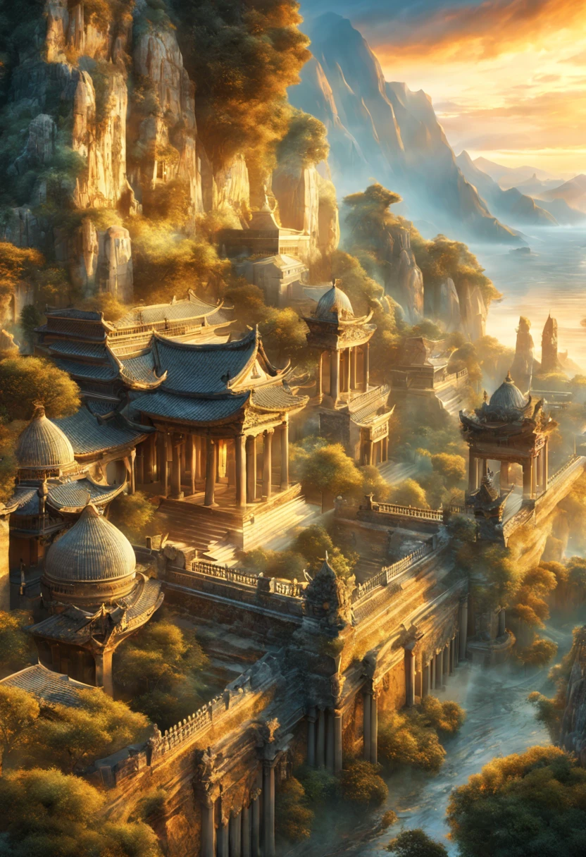    The beauty of subtlety：Ancient city at sunset reveals architectural details，like sculpture、mural or artwork，Highly detailed digital art that gives you a deeper appreciation for the beauty of the ancient city， Fantasy art master&#39;s works are super detailed、Exquisite and beautiful、masterpiece、Quality content is very detailed