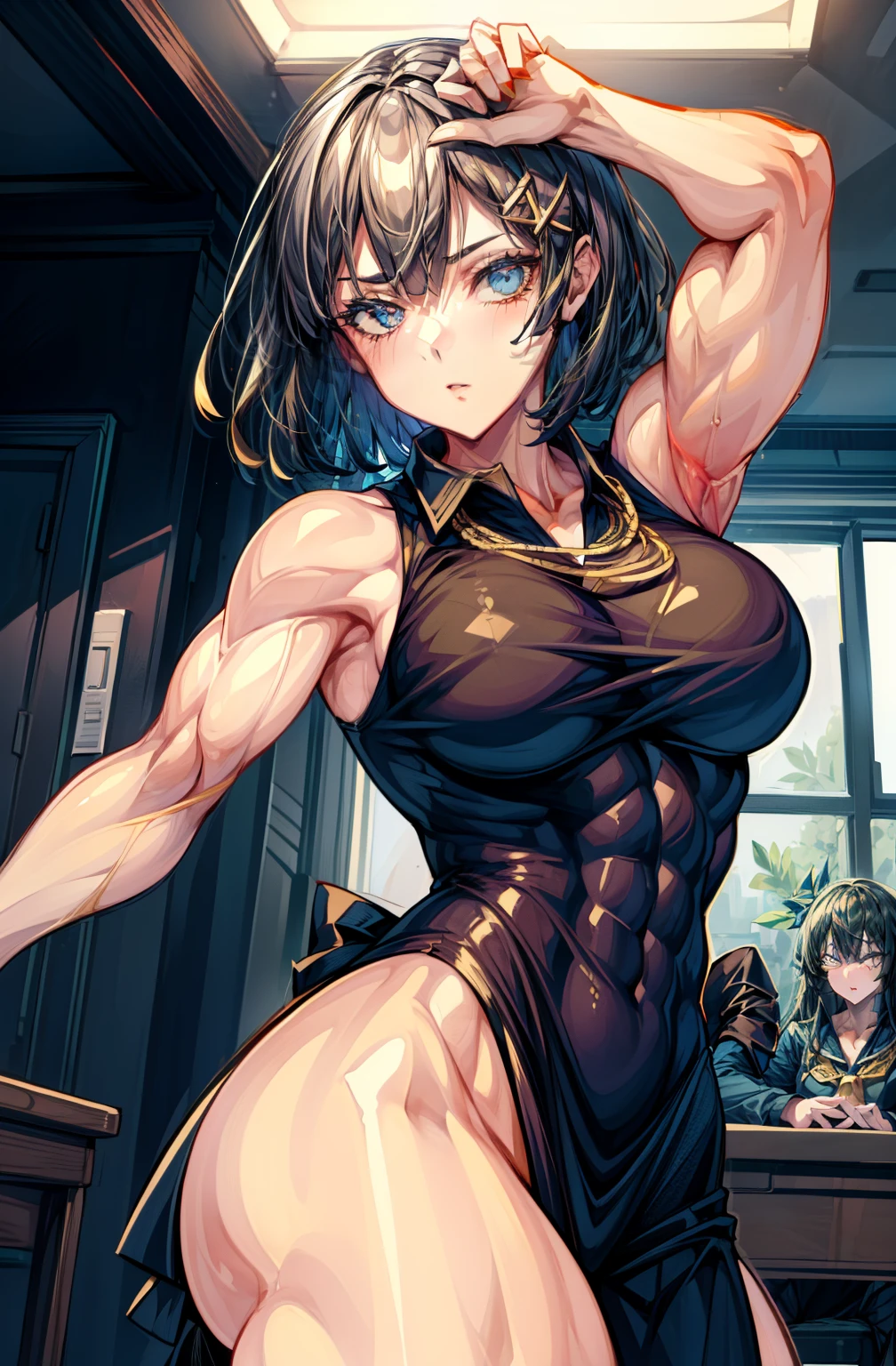 (BEST lighting) , (ultra intricately detailed) , 4K unification, (super-detailed CG: 1.2) , (8K: 1.2),(Original), (Masterpiece) , (Best quality),(Masterpiece:1.4),Anime-ish high quality,(Masterpiece),Masterpiece, Super clear picture quality,Clearer than movies,(Fine face)Best quality, absurderes,((masterpeace, 4K, 8K, Yes, A high resolution))1girll, schoolgirls,She was in the classroom,ssmile,Black school uniform,White ice cap,Bow knot,Ten strong abs,Perfect body proportions,standing on your feet,Exposing the abdomen, Pink costume,There are bulges of dense veins on the arms,Spring, Boots, Perfect figure, Long blonde hair, Dynamic pose,Legs exposed,Strong leg muscles ((body builder:1.5)),Classroom(Beautiful bace),(Girl),(Female),(((Upper body:1)))