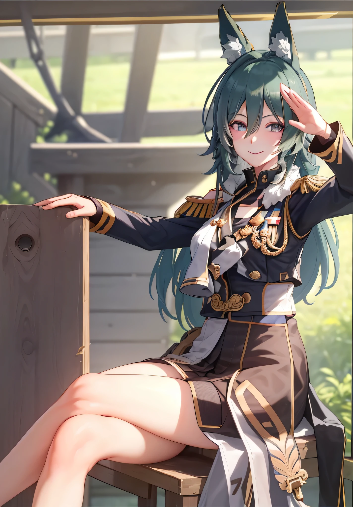 masterpiece, best quality, high resolution, Yukong, 1girl, solo, sitting, bangs, crossed legs, looking at viewer, closed mouth, smile, bare shoulders, window, indoors, chair, legs, table, 1girl, animal ears, military cap, earrings, military uniform, epaulettes, standing, explosion in background, salute, hand on hip, smile, black and yellow uniform, perfect face, perfect eyes, ears coming out of military cap