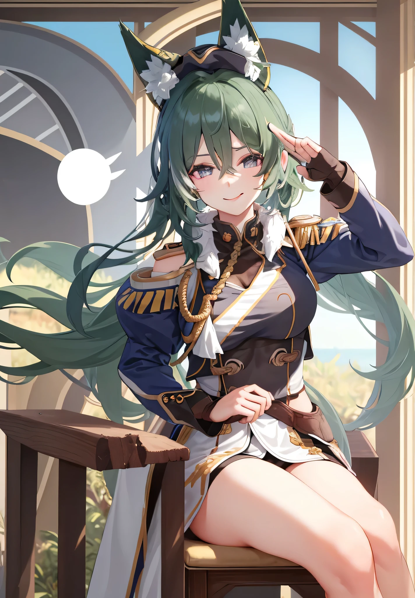 masterpiece, best quality, high resolution, Yukong, 1girl, solo, sitting, bangs, crossed legs, looking at viewer, closed mouth, smile, bare shoulders, window, indoors, chair, legs, table, 1girl, animal ears, military cap, earrings, military uniform, epaulettes, standing, explosion in background, salute, hand on hip, smile, black and yellow uniform, perfect face, perfect eyes, ears coming out of military cap, light green hair with a strand of white