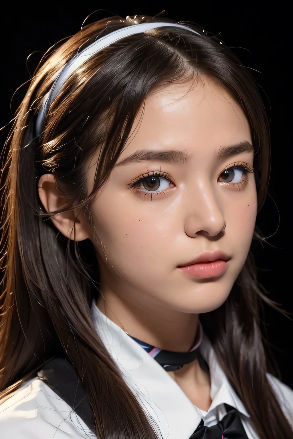 (masterpiece:1.4), (highest quality:1.4), (High resolution:1.4), (masterpiece, highest quality, High resolution:1.4), Giffany, Ultra short school uniform, (cable bow:1.1),((black background))、(((close up of face)))