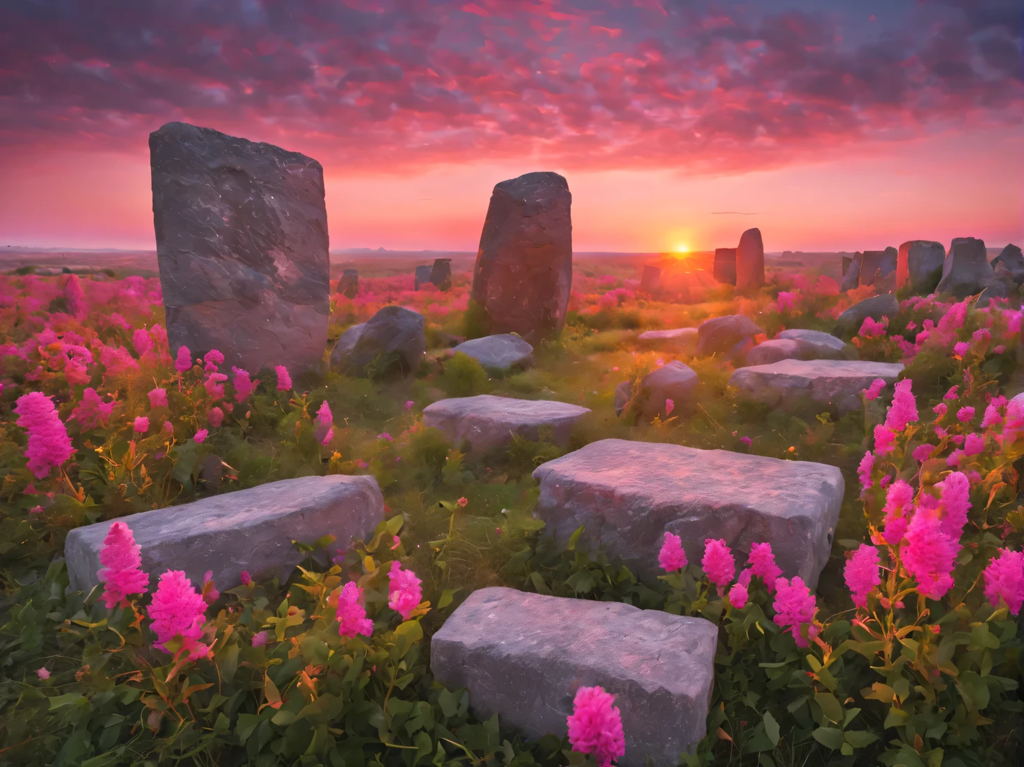 Landscape of an ancient megalithic city at sunset, pink horizon with setting sun, ancient megalithic city made of stone blocks, spoiled by time, Silence and desolation, feeling of antiquity and power, sunset flowers