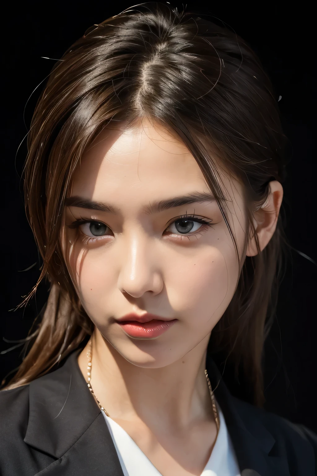 (masterpiece:1.4), (highest quality:1.4), (High resolution:1.4), (masterpiece, highest quality, High resolution:1.4), Giffany, Ultra short school uniform, (cable bow:1.1),((black background))、(((close up of face)))