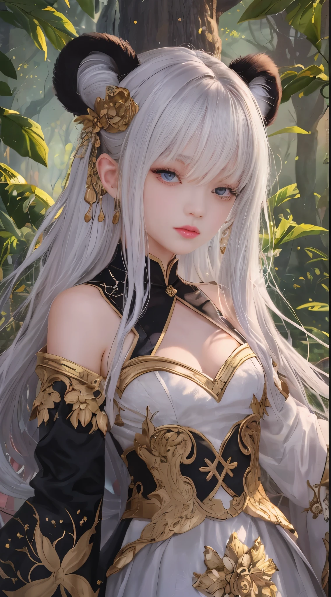 (best qulity), Oriental detailed background, ((The Masterpiece)), (((best qulity))), ((Ultra Verbose)), ((disheveledhair)), (1ガール), (独奏), (Beautiful white young beauty), Korean Idol, (full entire body), dynamic angle, beautiful detail eye, hairs between eyes, (small head), (大炮 EOS 5D MARK III, 50mm Sigma f/1.4 ZEISS lens, F1.4, 1/800s, ISO 100:1), nsfw, The Masterpiece, best qulity, asymmetricalbangs, Hair behind ears, Hair on the eyebrows, exquisite facial features, 1girls, white gray hair, Red bridge hair, Eromanga, Urban_Fantasy, Panda, , (cinematic light)), Ultra Verbose, best qulity, absurdities, high - resolution, (Very detailed 8k wallpapers), ((Exquisite and beautiful)), pixiv, Ultra Verbose, Best Anatomy, illutstration, nobody, (((The Masterpiece))), ((high - resolution)), ((high qulity)), (intricated detailed), (fantastical), Detailed forest, (Colorful various leaves), ((iridescence)), (liquids), best shadow, sunrays, hollow, colorful, Pink petals, Gold leaf, (Blue leaves), lensflare, muted colors,