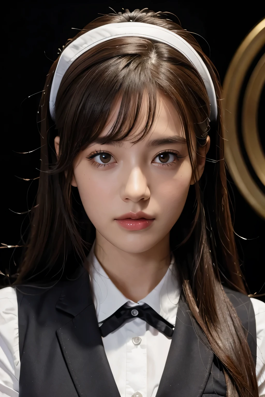 (masterpiece:1.4), (highest quality:1.4), (High resolution:1.4), (masterpiece, highest quality, High resolution:1.4), Giffany, Ultra short school uniform, (cable bow:1.1),((black background))、(((close up of face)))