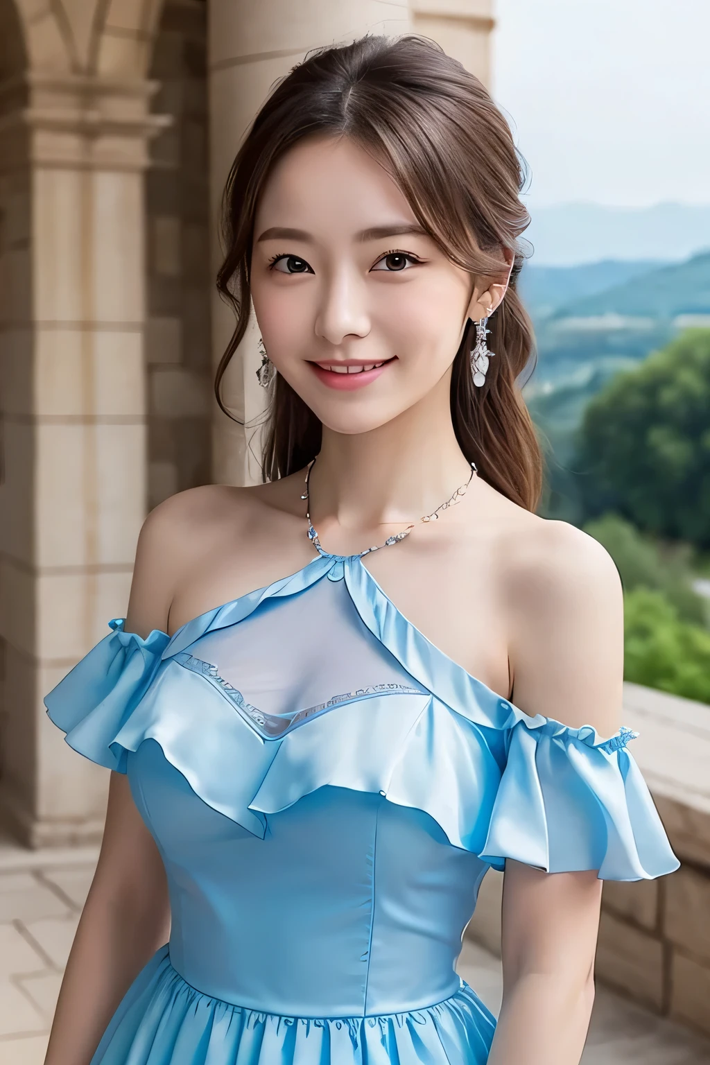 Light blue dress with shoulder frills、medium breasts、valley、A beautiful woman with a sense of transparency、cute、smile、luxury necklace、Castle in the background