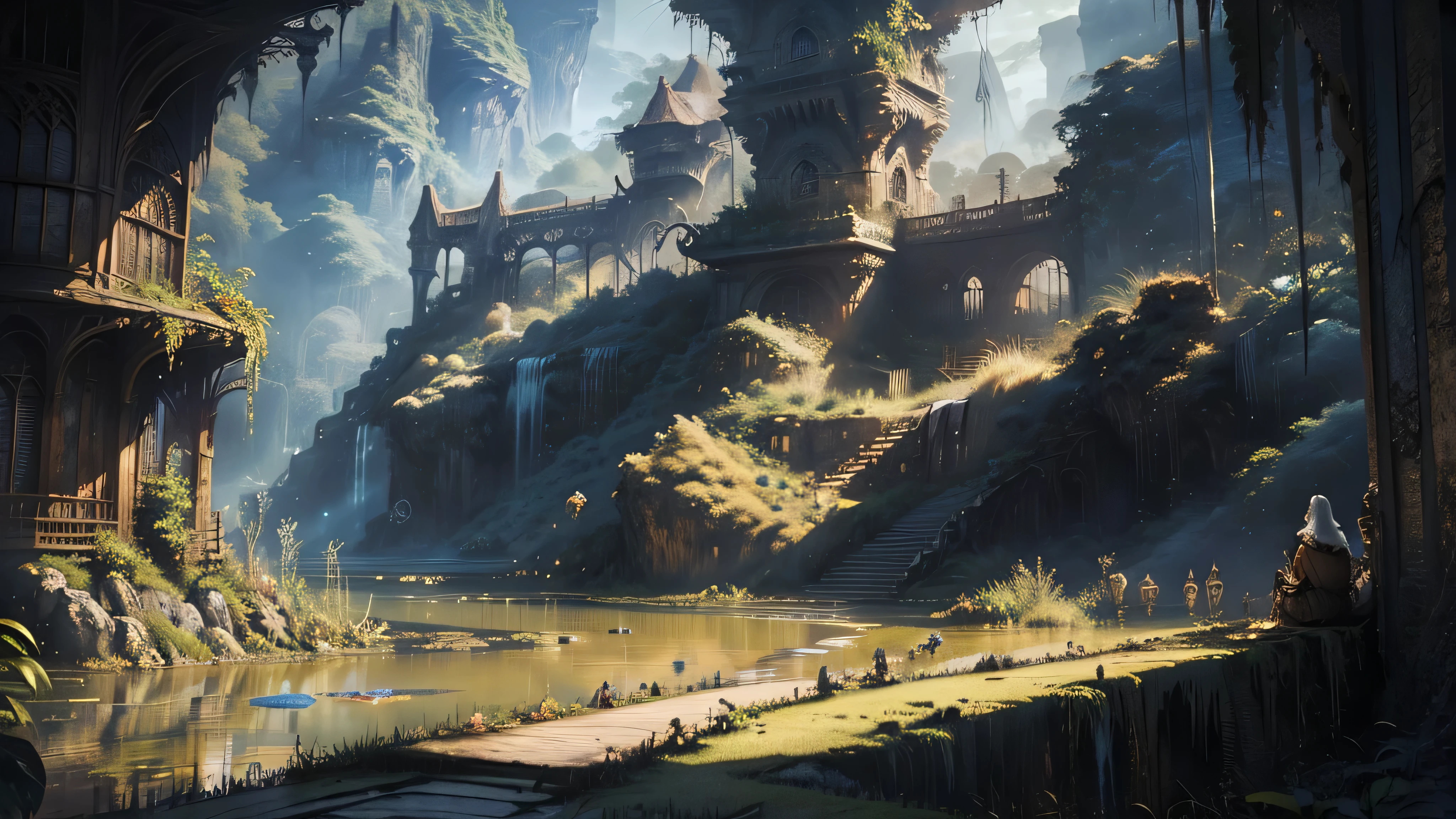 There is a waterfall in the middle of a tropical jungle, bela fantasia detalhada, fantasia altamente detalhada, fantasy scenic, arte digital de fantasia detalhada, Arte digital de fantasia 2D, arte digital detalhada de fantasia 2D, impressive paisagem de fantasia, fantasy pictorial style, arte estilo fantasia, medieval paisagem de fantasia, paisagem de fantasia, realistic fantasy illustration, Arte de fantasia 4k, cidade de fantasia