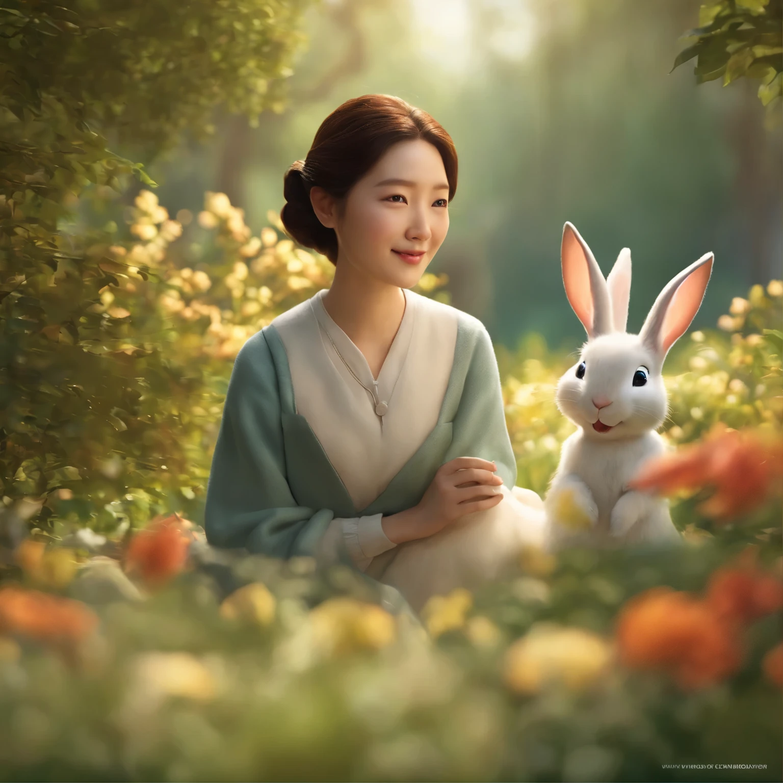 movie image quality,korean actress park shin hye from The Heirs kdarama with a cute rabbit, Disney animation, Disney animation style, Disney movie animation, 3D movies, Chinese style, explorer rabbit, walking through the colorful forest, with her rabbit fried, HD, children's painting, depth of fields, Light High, Real Light, Streak Traching, OC rendered, hyper-realistic, best quality, 8K, Master Works, super fine, detailed pubic hair, correct anatomy, sharp focus on eyes, bokeh, facial features are carefully described