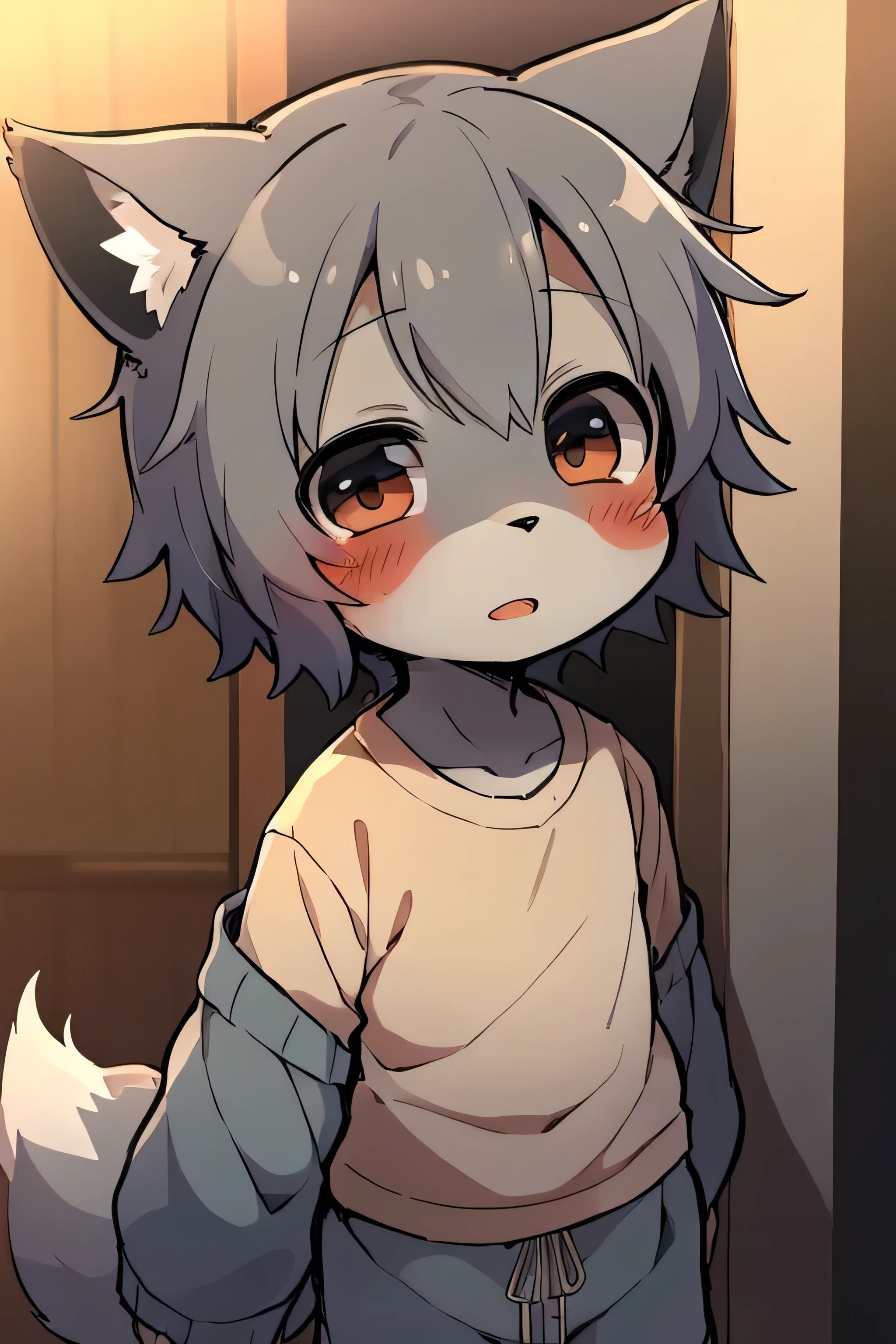 kemono, hairyry, boy, fox_hairyry, Short hair, shota, child, , pajamas, ashy_hairy, masterpiece, high quality, male, boy, Dagashi, 솜hairy 같은_ashy_body