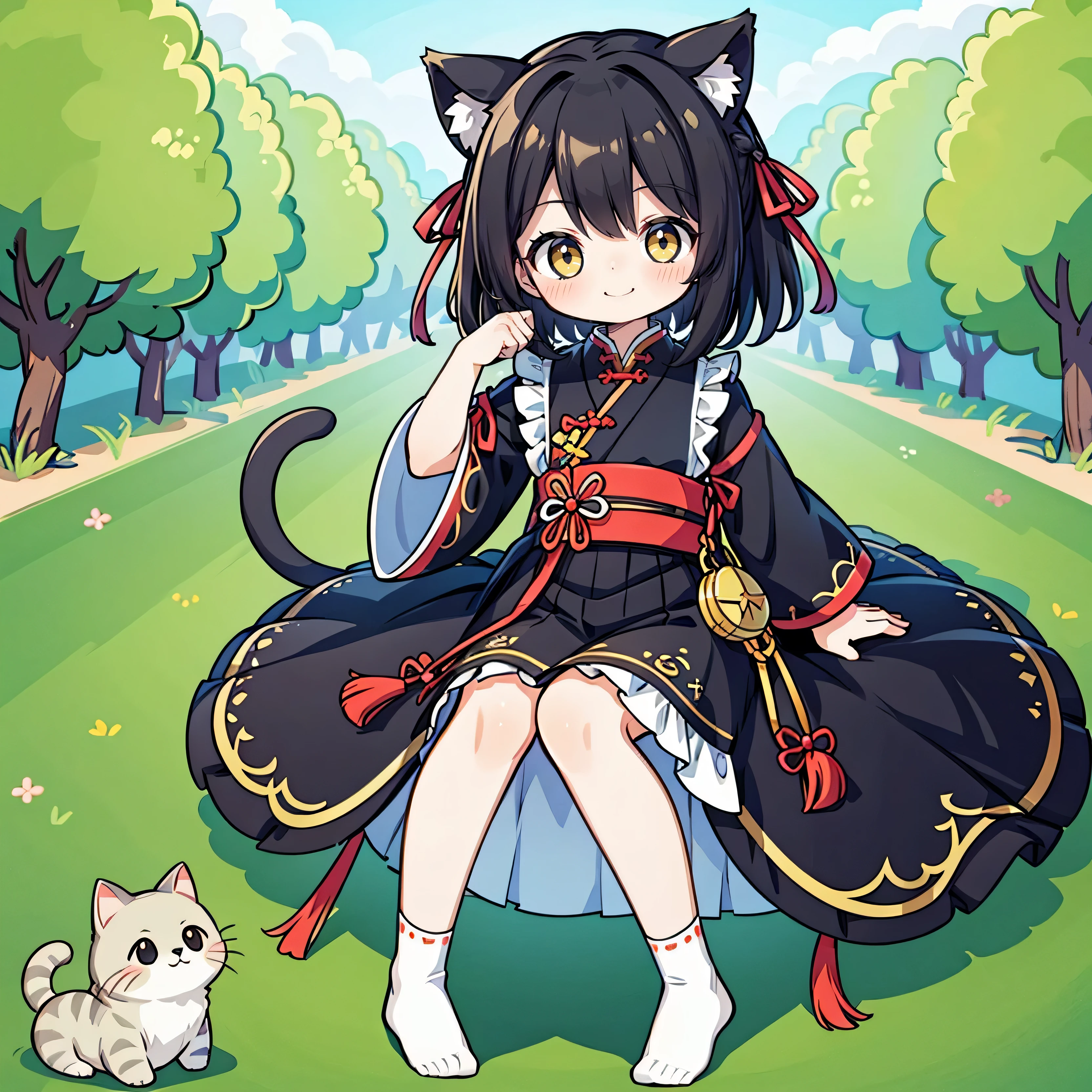 Feet are not visible as they are covered with a skirt., A long, voluminous skirt that covers all of your feet so that they are not visible., girl, Black short hair, cat ears, Chinese traditional clothing fusion, Clothing colors yellow and red, hair white, SD Character, The movement of sitting with your knees folded so that your ankles are next to your hips, flopping down on the ground, and putting your hands on your knees., smiling face



