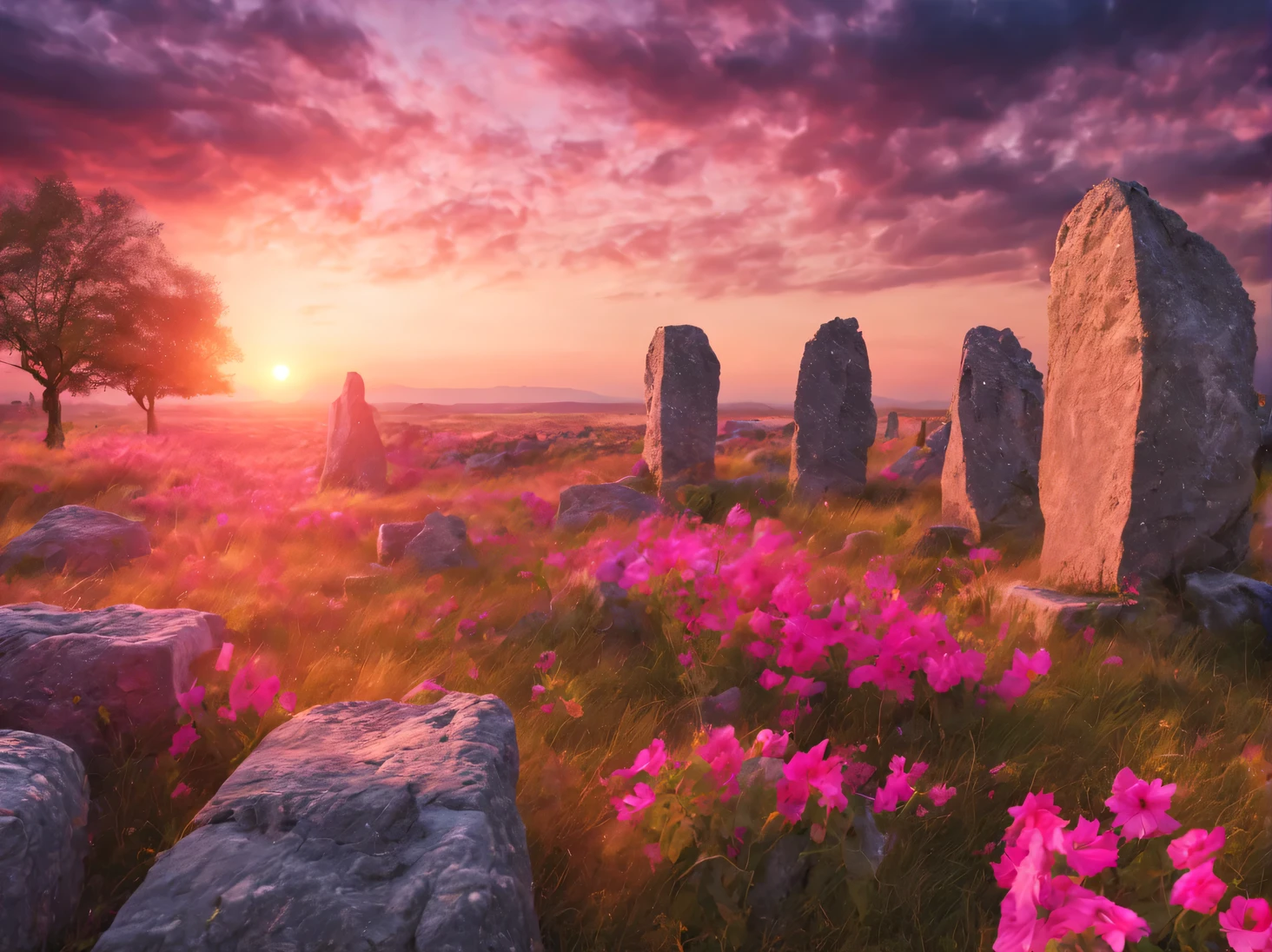 Landscape of an ancient megalithic city at sunset, pink horizon with setting sun, ancient megalithic city made of stone blocks, spoiled by time, Silence and desolation, feeling of antiquity and power, sunset flowers