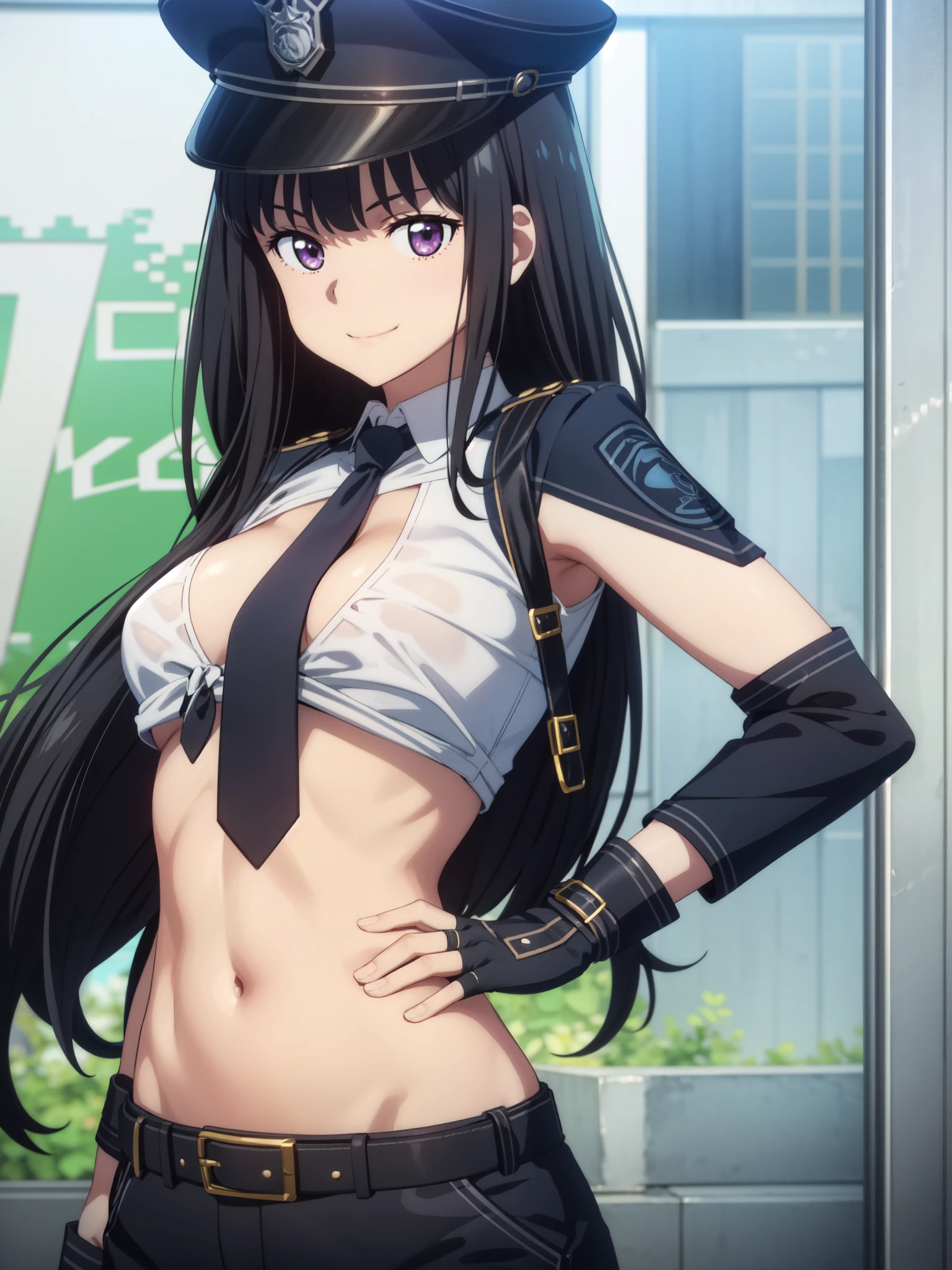(((pixel perfect, detail perfect))), alone, 1 girl, Chisato Nishikigi, looking at the viewer, smile, Upper body、black police peaked cap, Police, cleavage, Midriffs, white shirt, front-tie top, purple eyes, long hair, Black High-waist shorts, (blue belt:1.2), black fingerless gloves, black boots(,emerald tie),medium beasts,gravure pose,(close up)