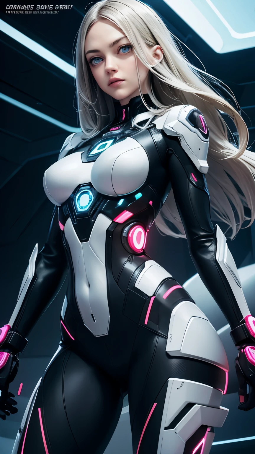 1 girl, android Kara, fully body, almost human appearance, smooth, pale metallic skin, futuristic fitted suit with illuminated LED panels and sophisticated technological details. Long flowing hair in a modern and elegant style. Contemplative pose touching the face. Futuristic environment with subtle technological elements. (semi-realistic, stylised, ultra-detailed detail, bright coloured, studio lighting, sharp focus, conceptual artwork).