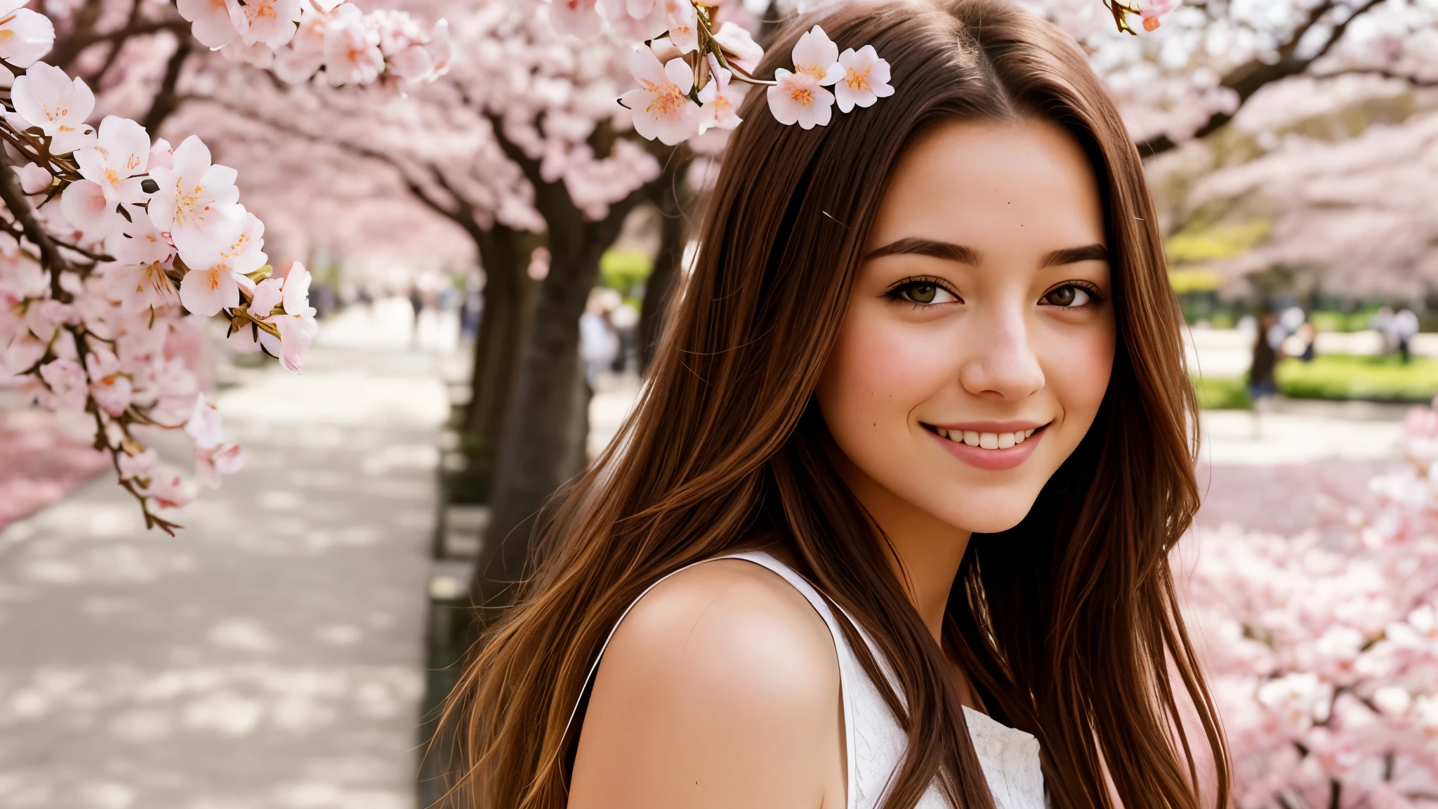Instagram pictures, 1French Girl, Shoulder length hair, with light blonde hair, Close-up photo, Walking in a public garden with cherry blossom, Japan, smiling a little,