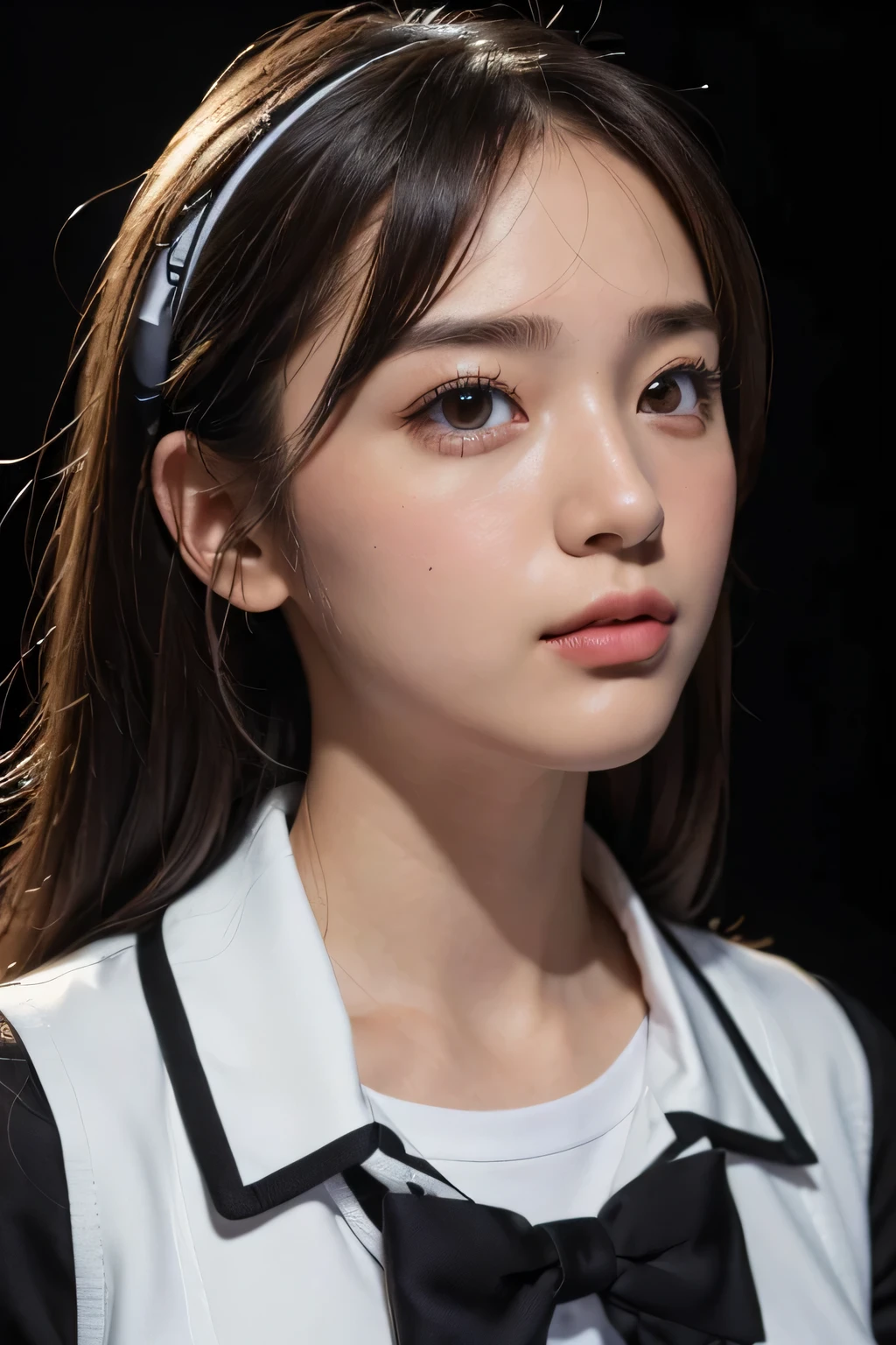 (masterpiece:1.4), (highest quality:1.4), (High resolution:1.4), (masterpiece, highest quality, High resolution:1.4), Giffany, Ultra short school uniform, (cable bow:1.1),((black background))、(((close up of face)))