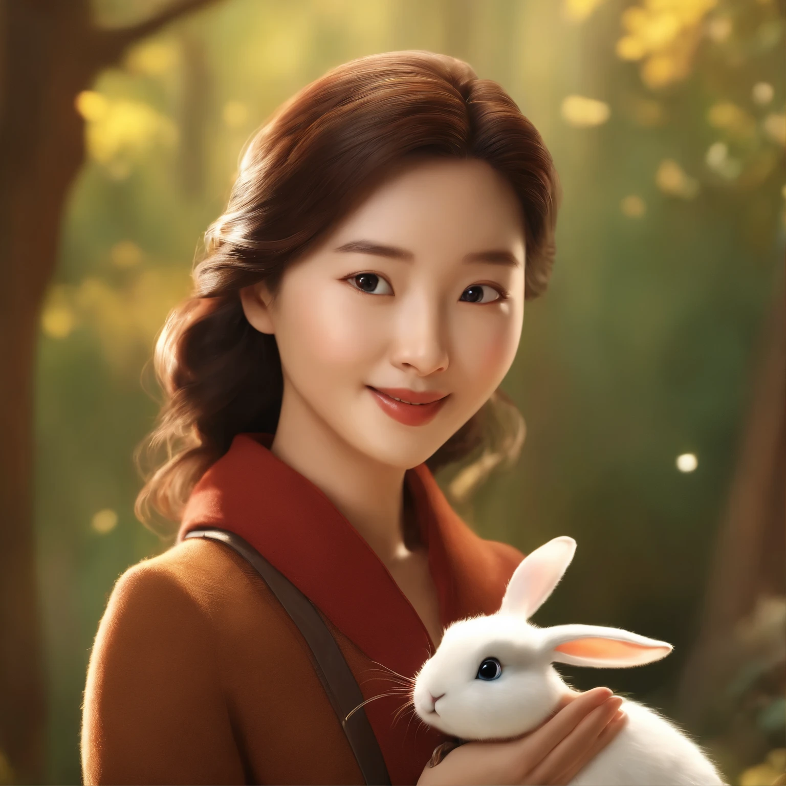 movie image quality,korean actress park shi hye with a cute rabbit, Disney animation, Disney animation style, Disney movie animation, 3D movies, Chinese style, explorer rabbit, walking through the colorful forest, with her rabbit fried, HD, children's painting, depth of fields, Light High, Real Light, Streak Traching, OC rendered, hyper-realistic, best quality, 8K, Master Works, super fine, detailed pubic hair, correct anatomy, sharp focus on eyes, bokeh, facial features are carefully described